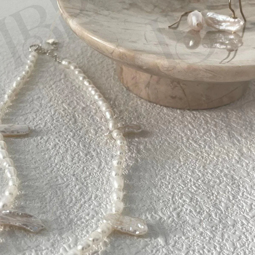 Dainty Lace Irregular Pearl Necklace - Sterling Silver Freshwater Petal Pearl Choker - Irregular Beauty Pearl