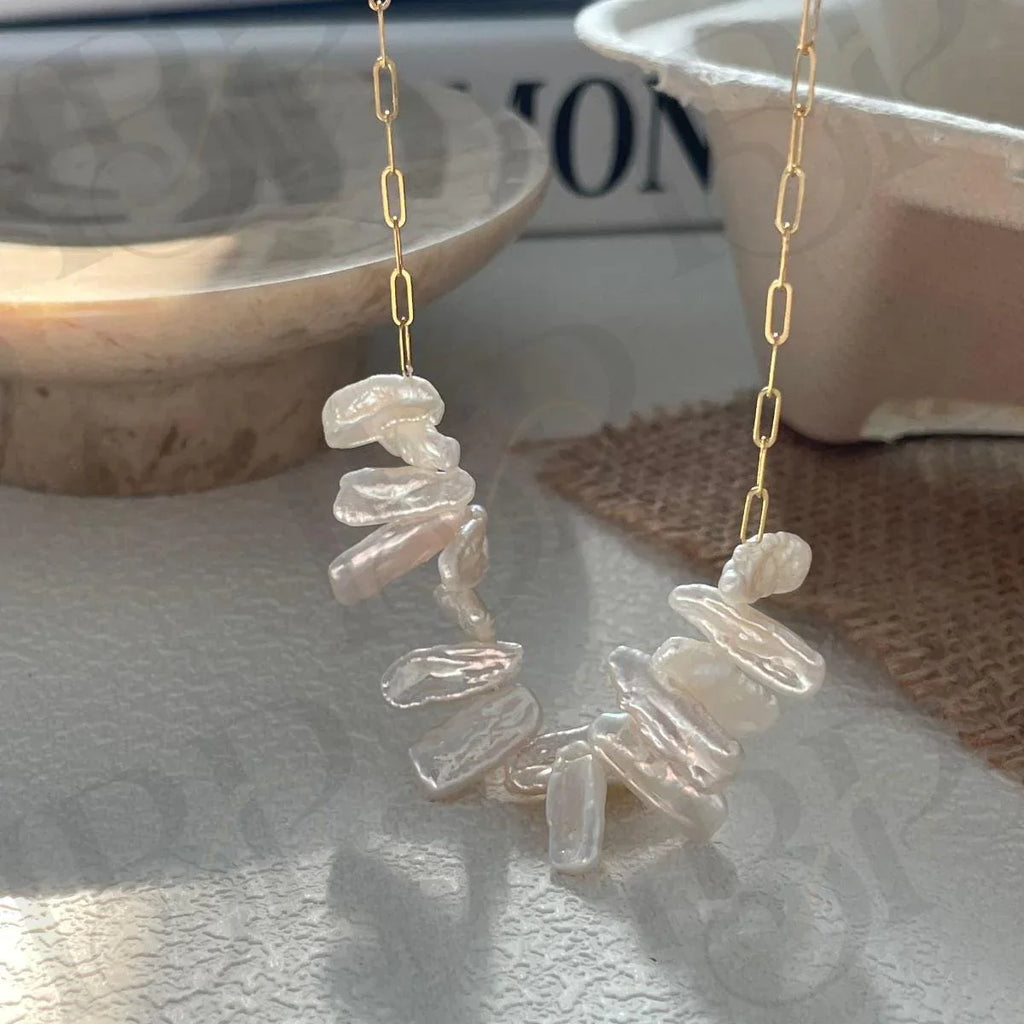 Natural Stick Pearl Smile Necklace - 14k Gold Filled Paperclip Chain - Irregular Beauty Pearl