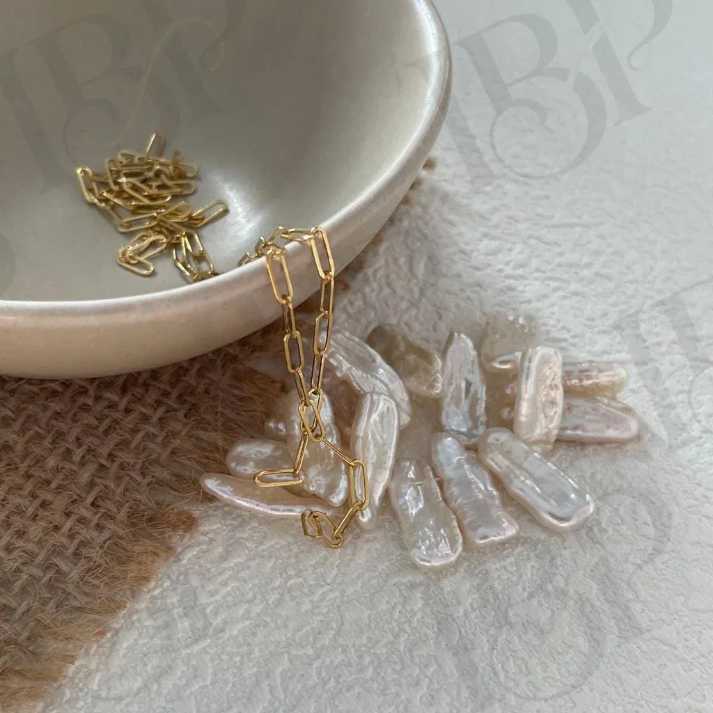 Natural Stick Pearl Smile Necklace - 14k Gold Filled Paperclip Chain - Irregular Beauty Pearl