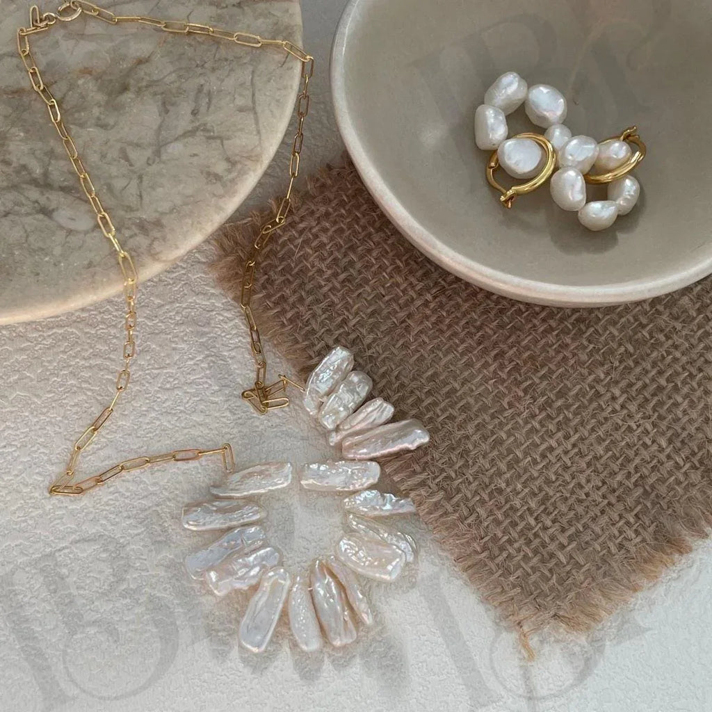 Natural Stick Pearl Smile Necklace - 14k Gold Filled Paperclip Chain - Irregular Beauty Pearl