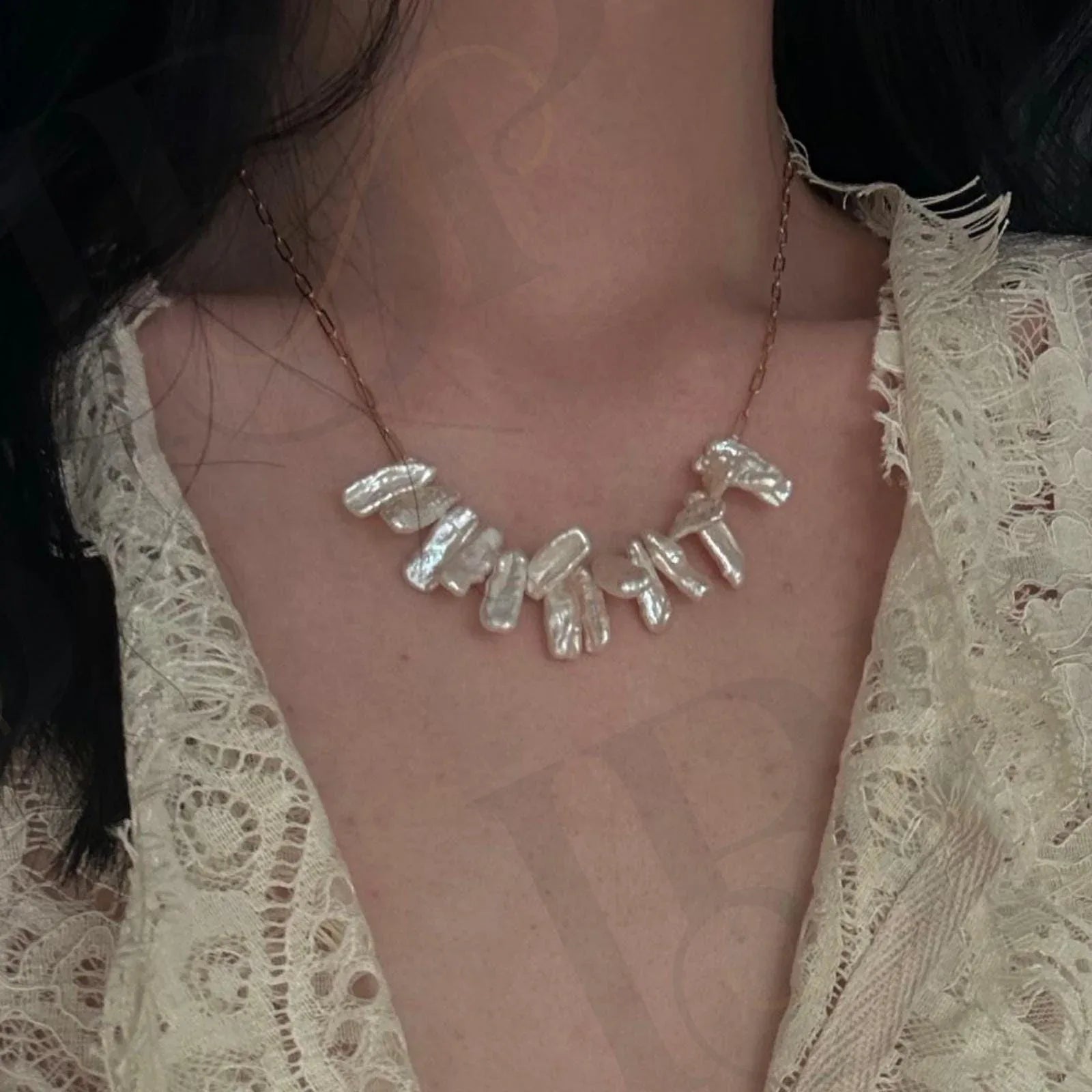 Natural Stick Pearl Smile Necklace - 14k Gold Filled Paperclip Chain - Irregular Beauty Pearl