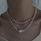 Large Baroque Pearl Double Layer Necklace - 925 Sterling Silver - Irregular Beauty Pearl