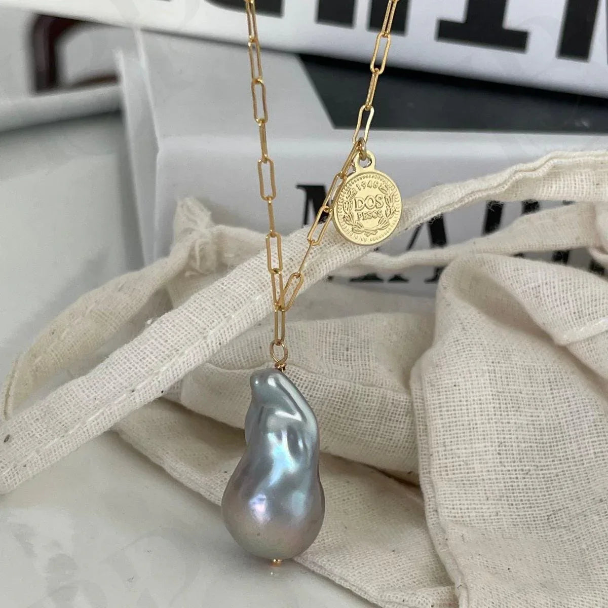 Large Metallic Grey Baroque Pearl Necklace - 14k Gold Filled Paperclip Chain - Irregular Beauty Pearl