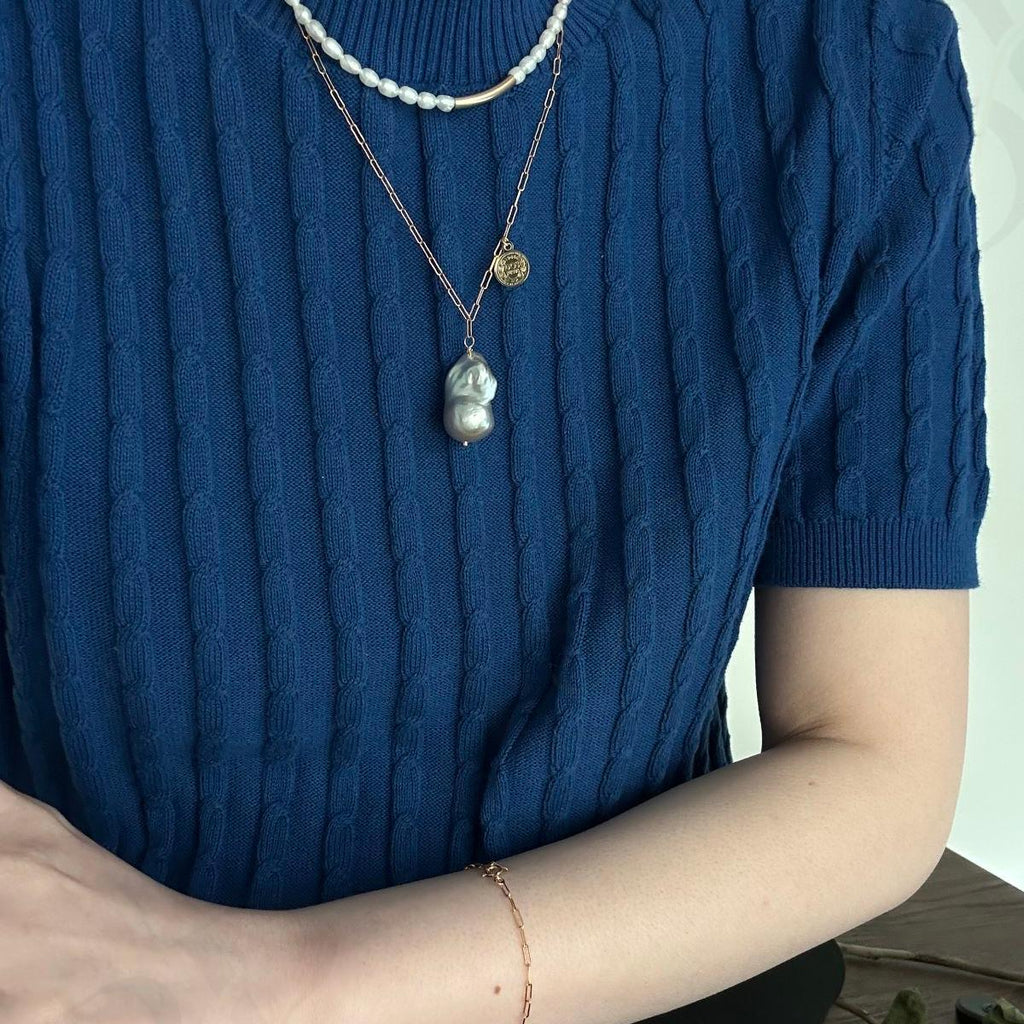 Large Metallic Grey Baroque Pearl Necklace - 14k Gold Filled Paperclip Chain - Irregular Beauty Pearl