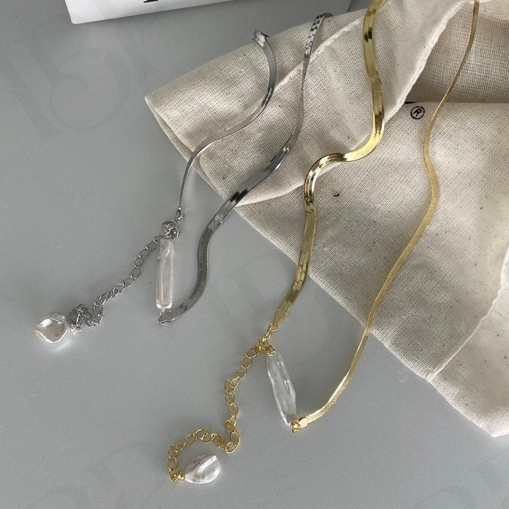 Baroque Pearl Herringbone Necklace - 14k Gold Filled or Sterling Silver - Irregular Beauty Pearl