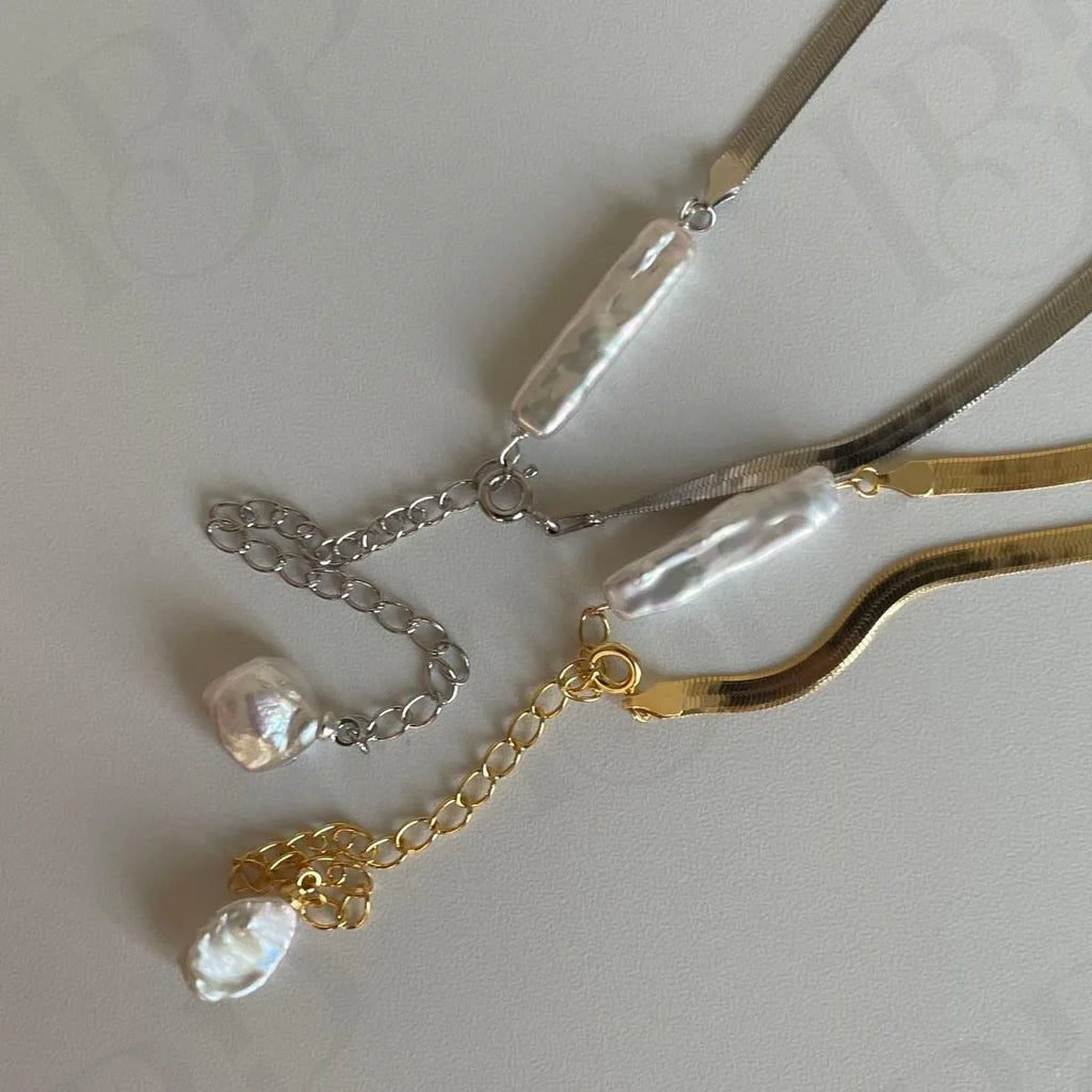 Baroque Pearl Herringbone Necklace - 14k Gold Filled or Sterling Silver - Irregular Beauty Pearl