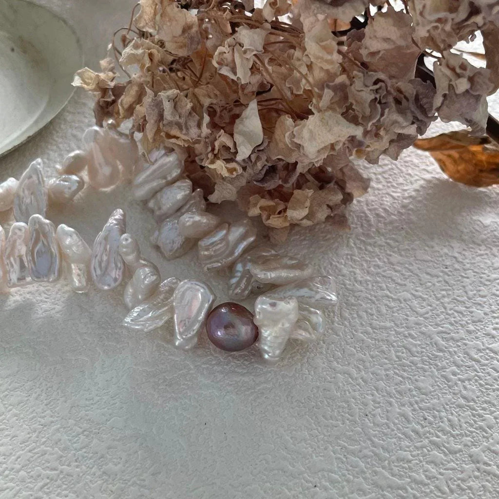 925 Sterling Silver Sunflower Pearl Necklace - Irregular Stick Pearl Choker - Irregular Beauty Pearl