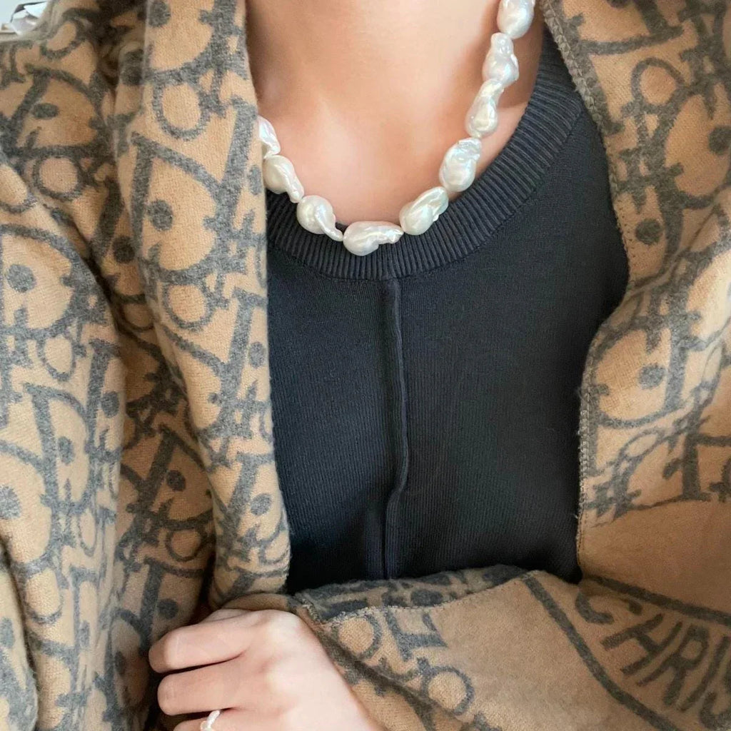 Large Baroque Pearl Beaded Necklace - 925 Sterling Silver - Irregular Beauty Pearl