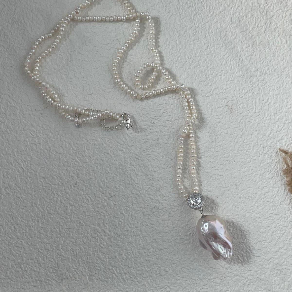 Jumbo Baroque Pearl Pendant Necklace - 925 Sterling Silver Seed Pearl Strand - Irregular Beauty Pearl