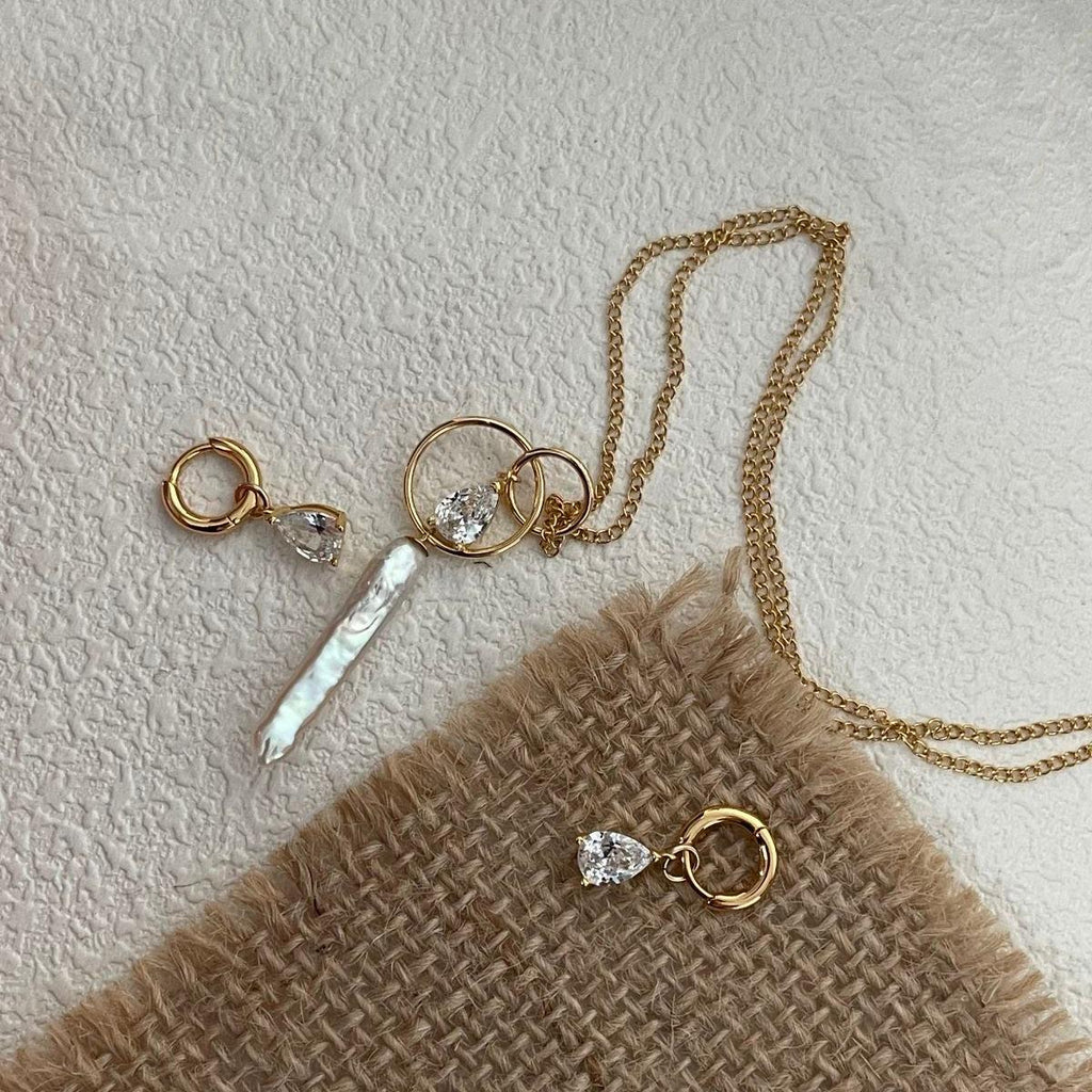 Celestial Stick Pearl Necklace - 14k Gold Filled Double Hoop Pendant - Irregular Beauty Pearl