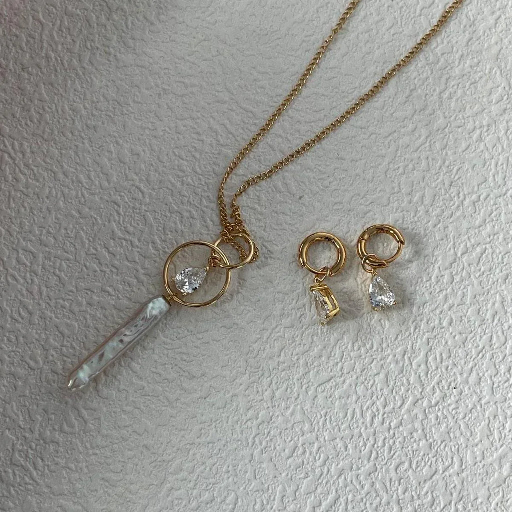 Celestial Stick Pearl Necklace - 14k Gold Filled Double Hoop Pendant - Irregular Beauty Pearl