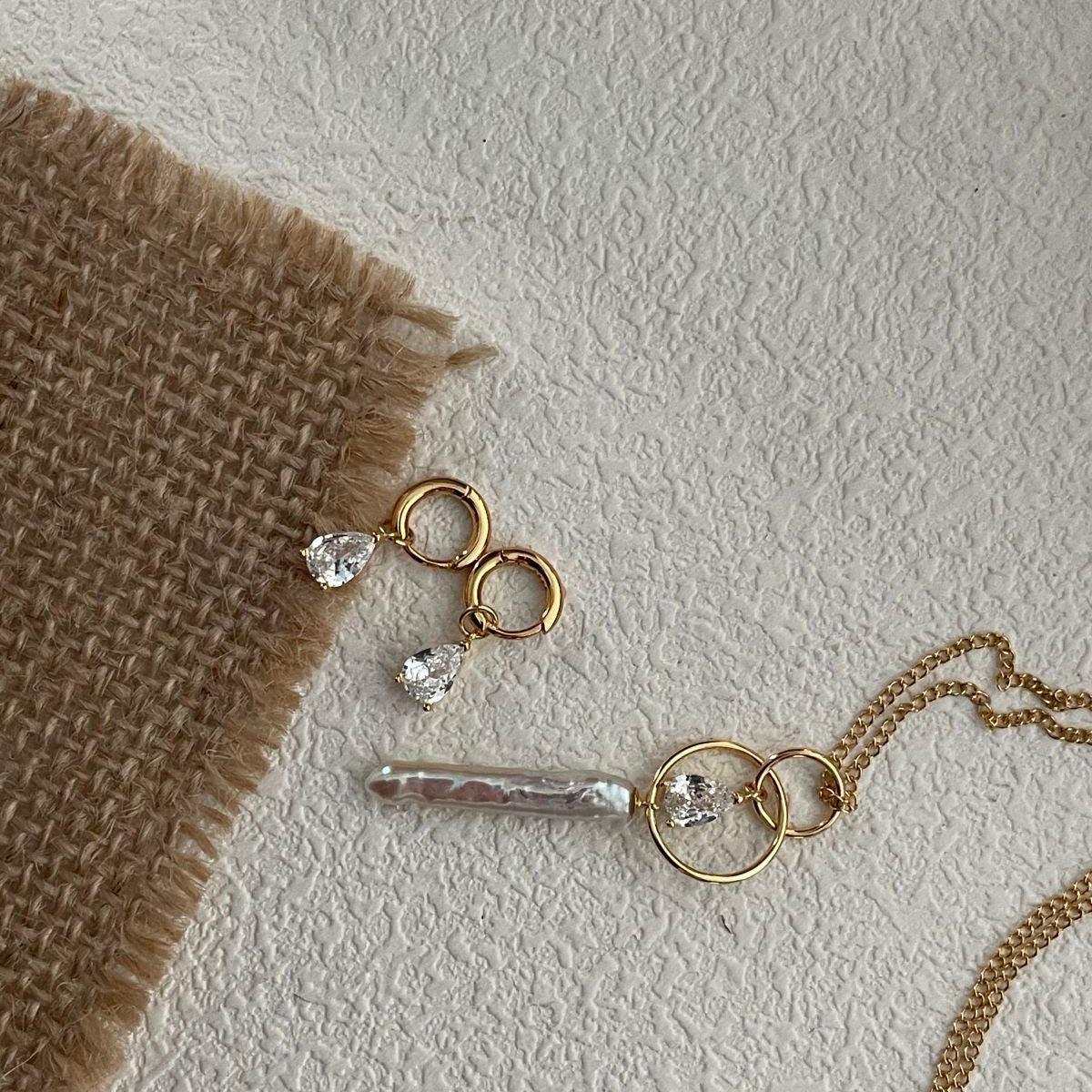 Celestial Stick Pearl Necklace - 14k Gold Filled Double Hoop Pendant - Irregular Beauty Pearl