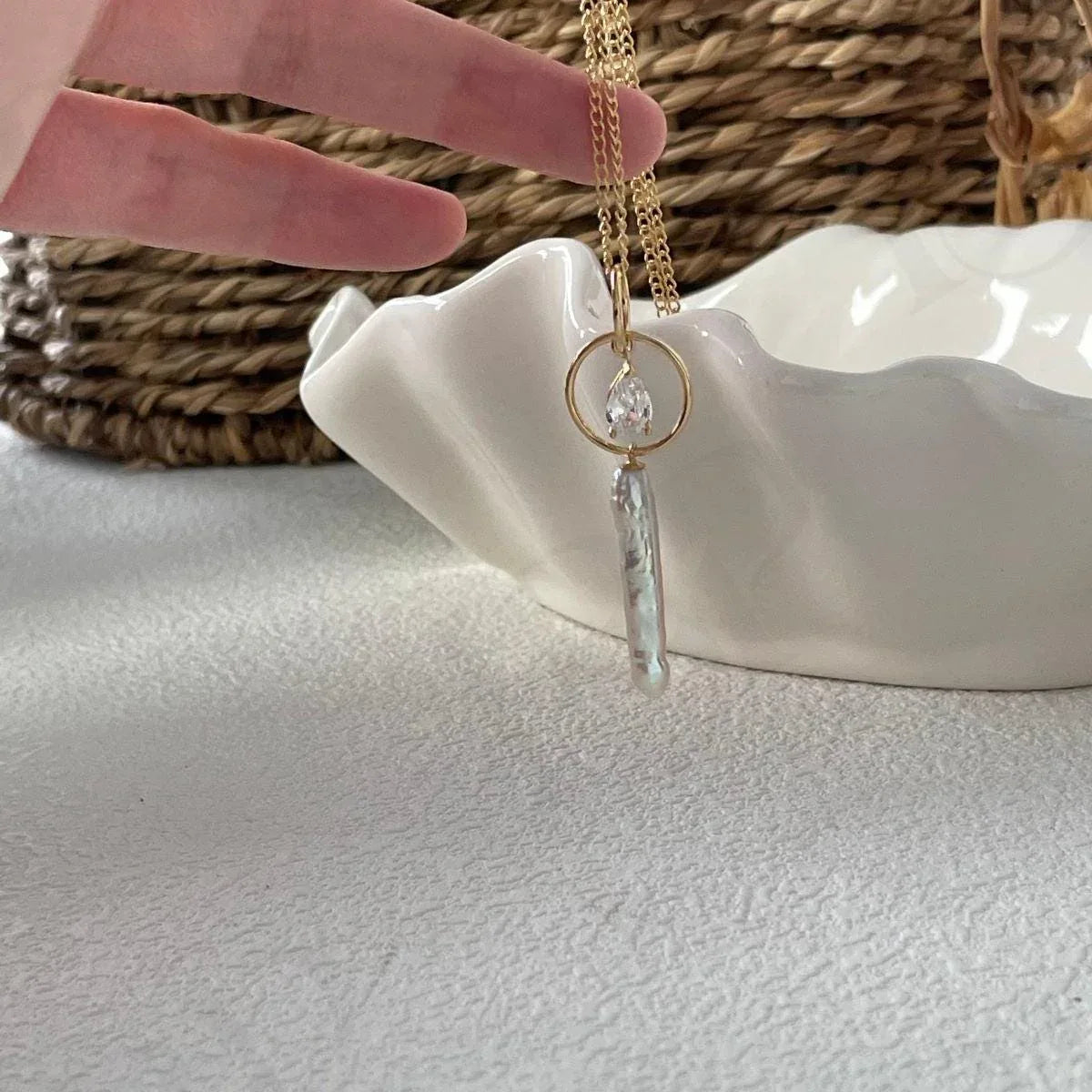 Celestial Stick Pearl Necklace - 14k Gold Filled Double Hoop Pendant - Irregular Beauty Pearl