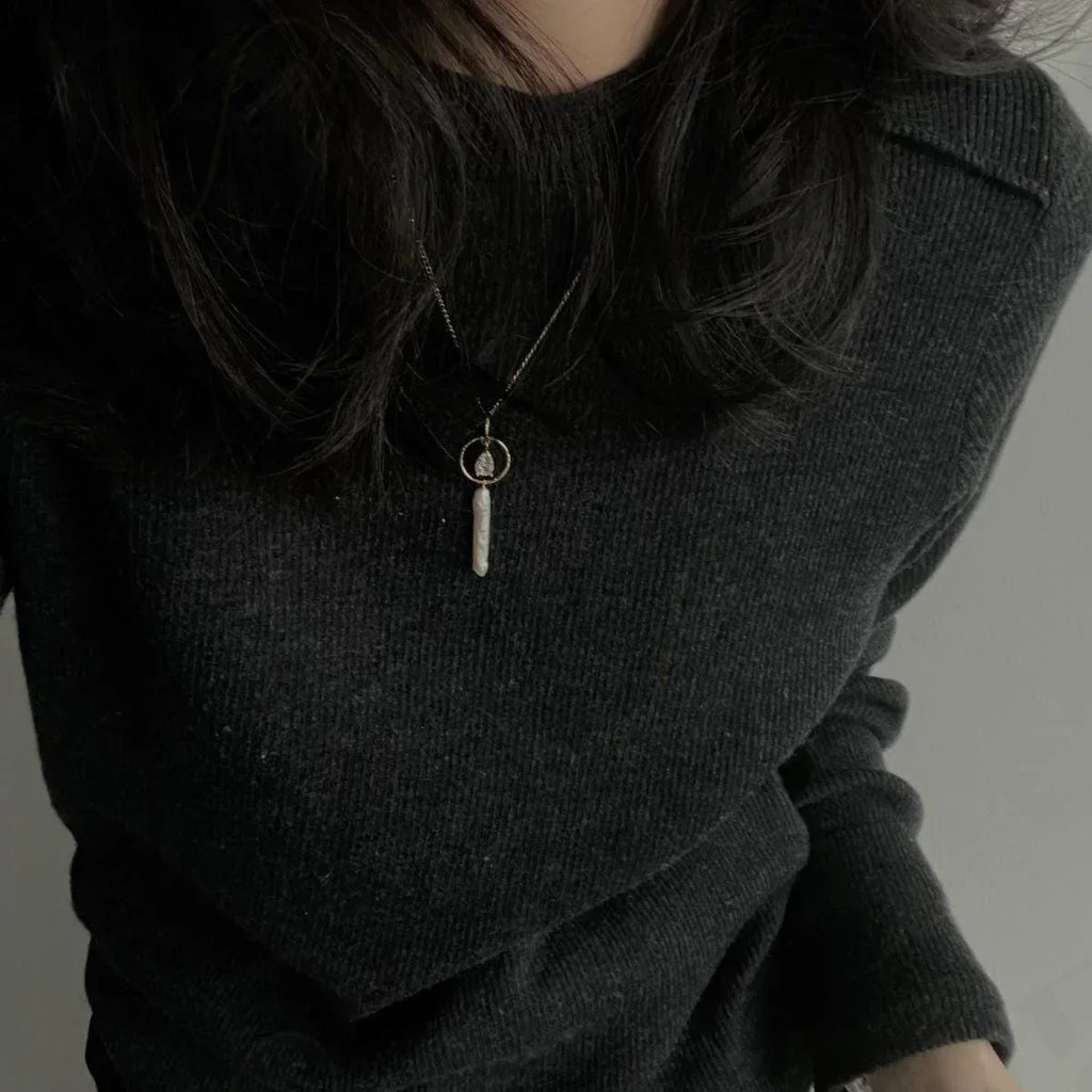 Celestial Stick Pearl Necklace - 14k Gold Filled Double Hoop Pendant - Irregular Beauty Pearl