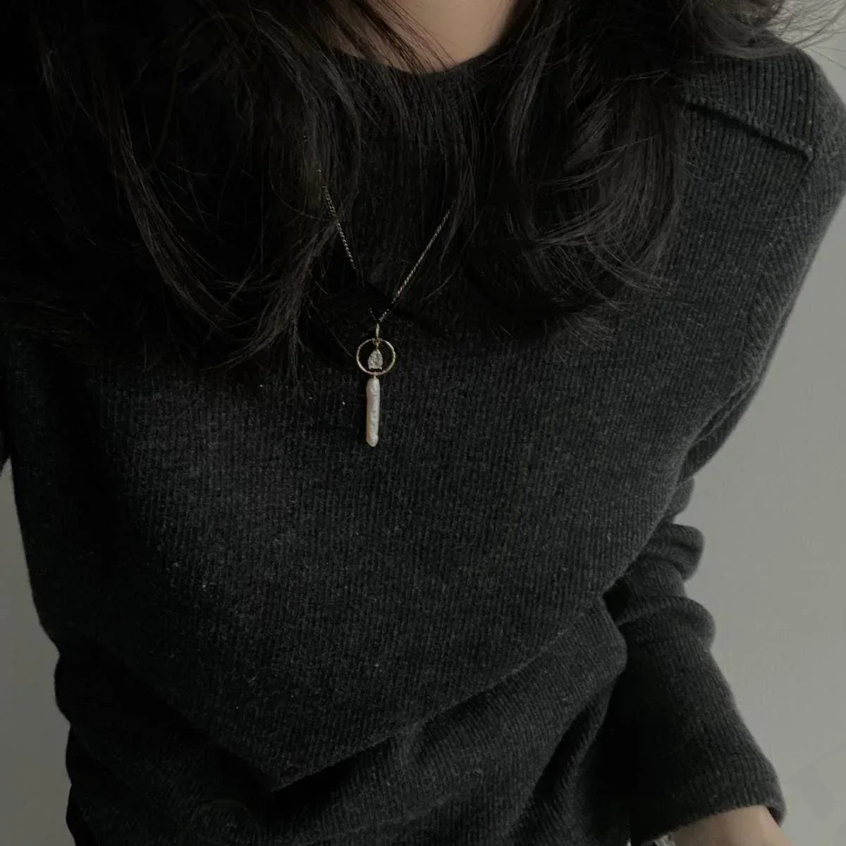 Celestial Stick Pearl Necklace - 14k Gold Filled Double Hoop Pendant - Irregular Beauty Pearl