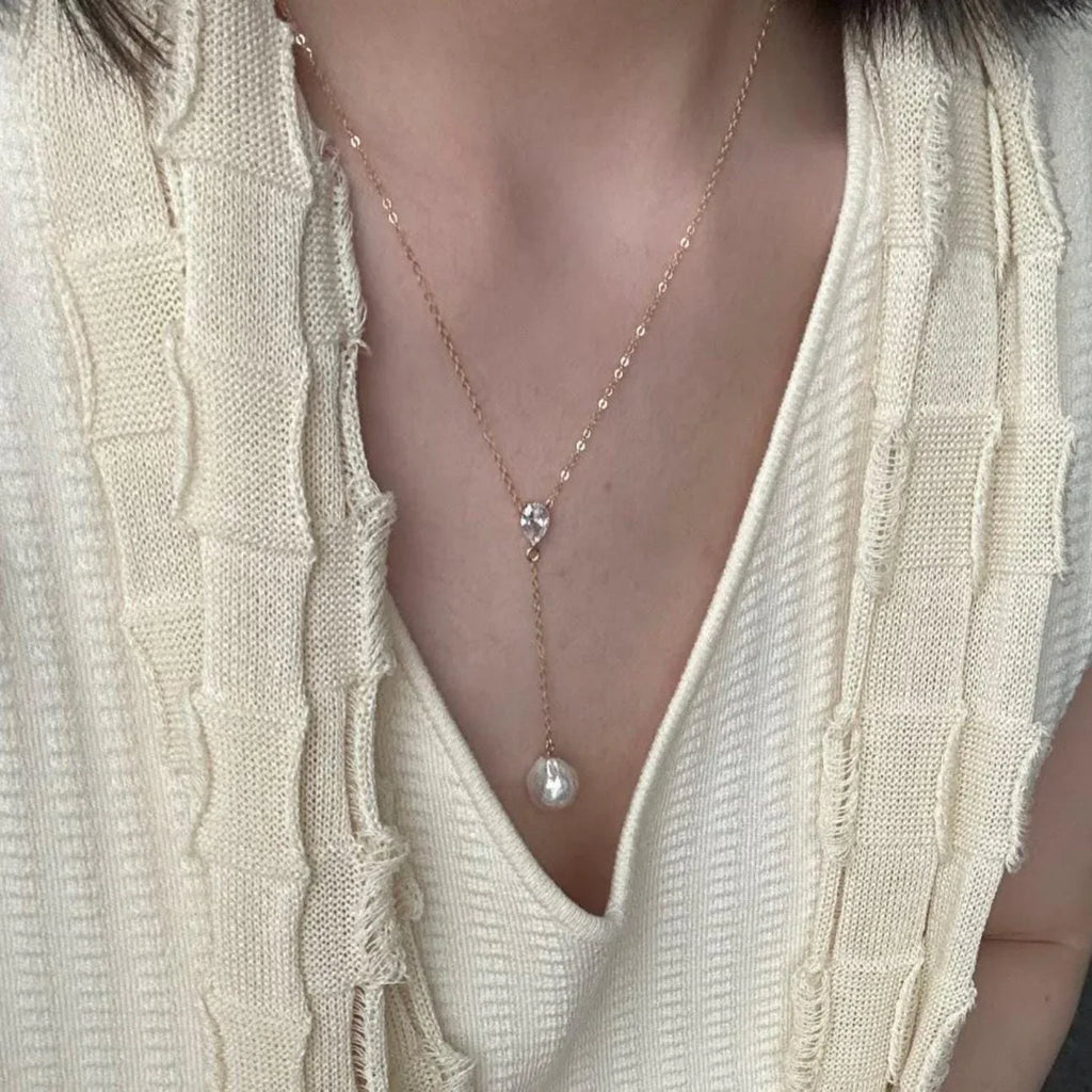 Baroque Pearl Y-Necklace - 14k Gold Filled Lariat with CZ - Irregular Beauty Pearl