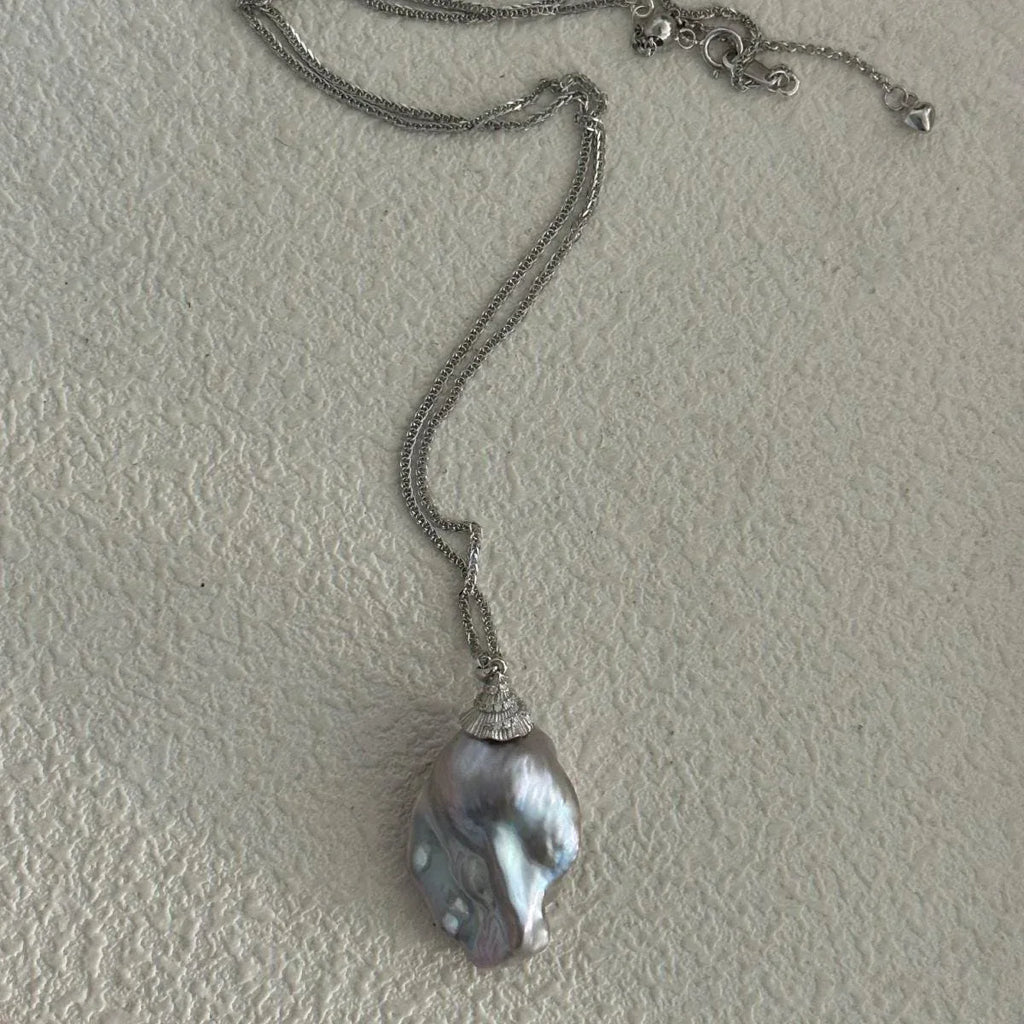 Large Grey Baroque Pearl Necklace - Rhodium Plated Sterling Silver - Irregular Beauty Pearl
