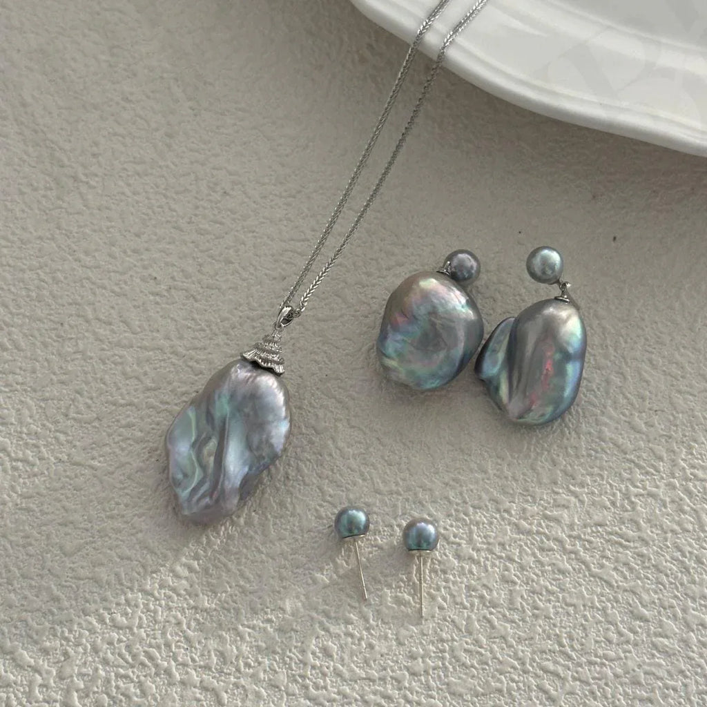 Large Grey Baroque Pearl Necklace - Rhodium Plated Sterling Silver - Irregular Beauty Pearl