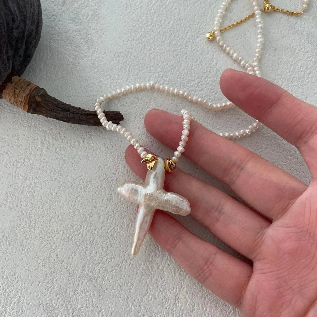 Natural Baroque Pearl Cross Pendant Necklace - Handmade Freshwater Pearl Jewelry - Irregular Beauty Pearl