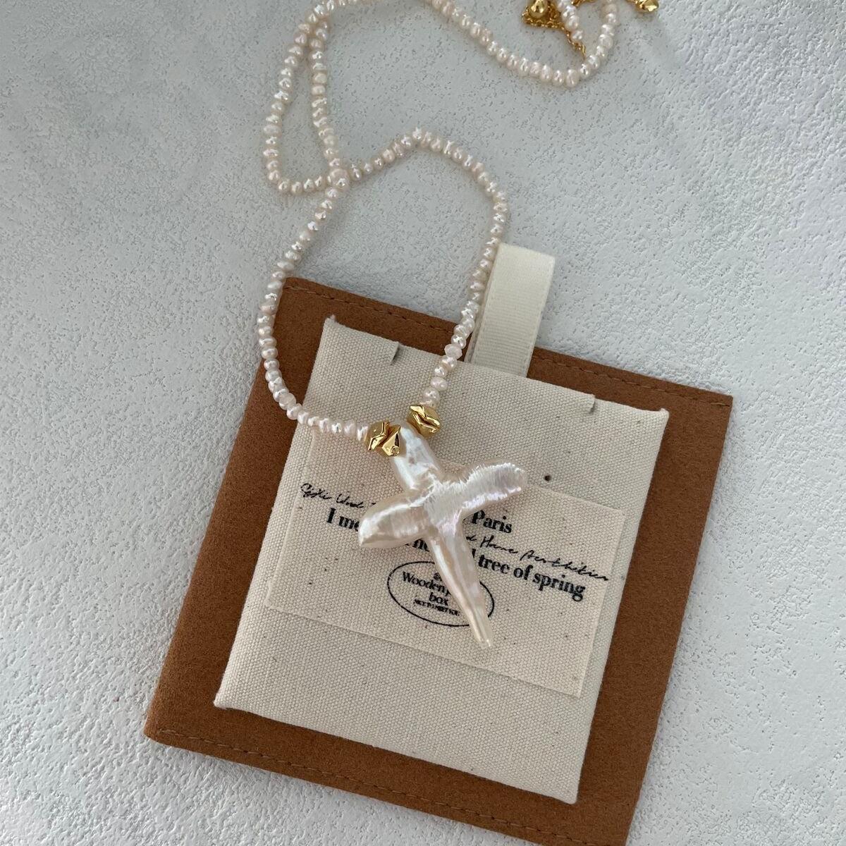 Natural Baroque Pearl Cross Pendant Necklace - Handmade Freshwater Pearl Jewelry - Irregular Beauty Pearl