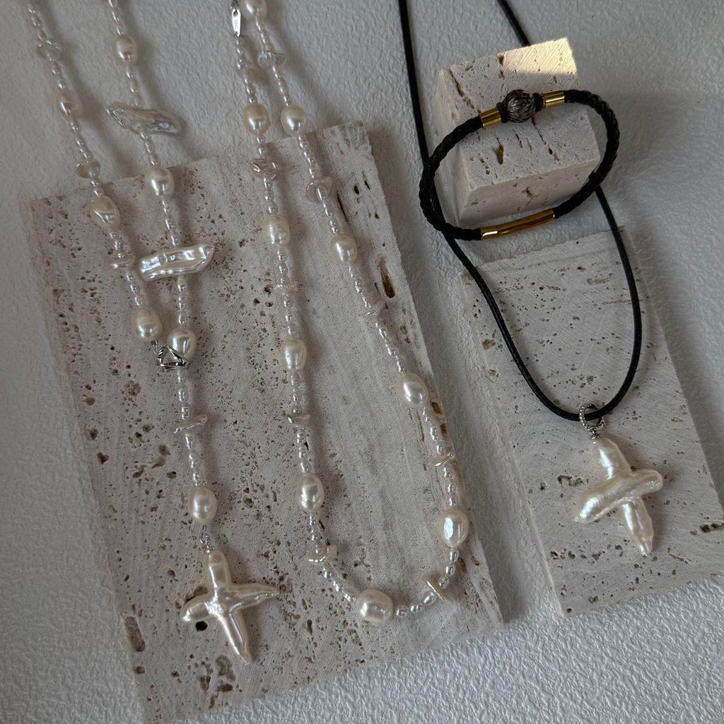 Natural Baroque Pearl Cross Pendant Necklace - Handmade Freshwater Pearl Jewelry - Irregular Beauty Pearl