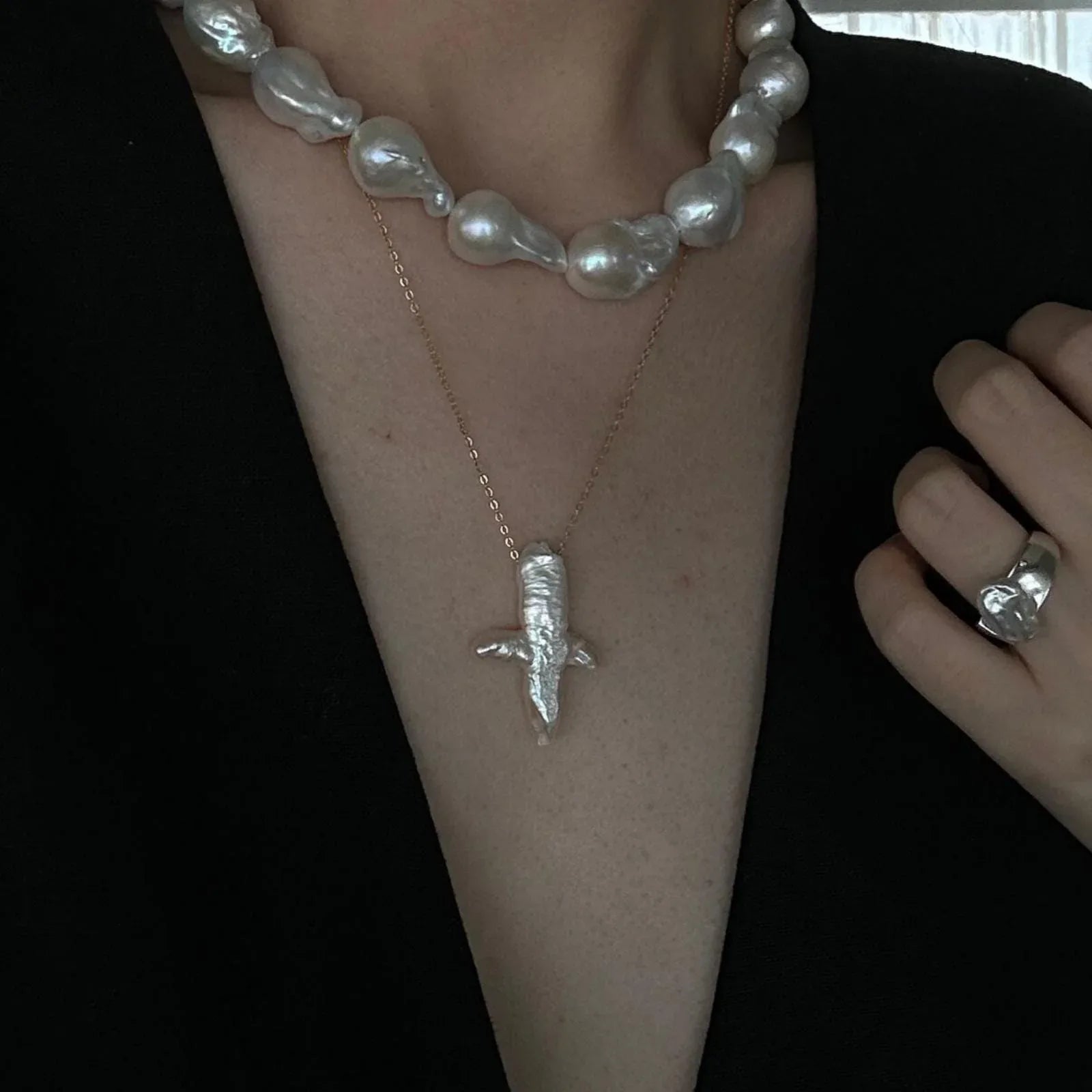 Natural Baroque Pearl Cross Pendant Necklace - Handmade Freshwater Pearl Jewelry - Irregular Beauty Pearl