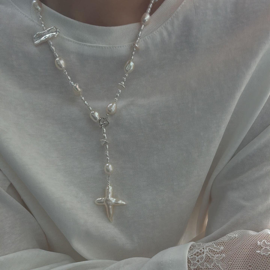 Natural Baroque Pearl Cross Pendant Necklace - Handmade Freshwater Pearl Jewelry - Irregular Beauty Pearl