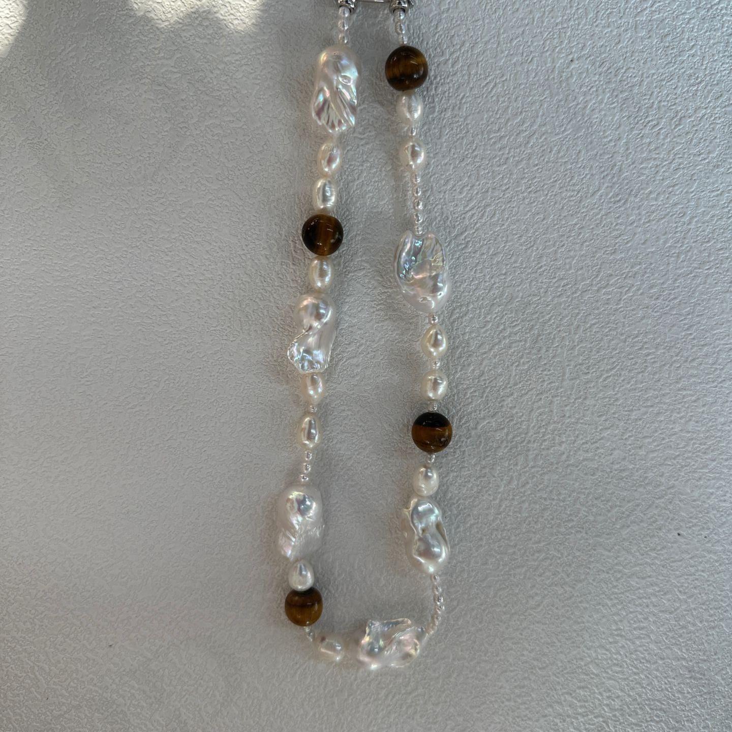 Genuine Amber and Large Baroque Pearl Necklace - 925 Sterling Silver - Irregular Beauty Pearl