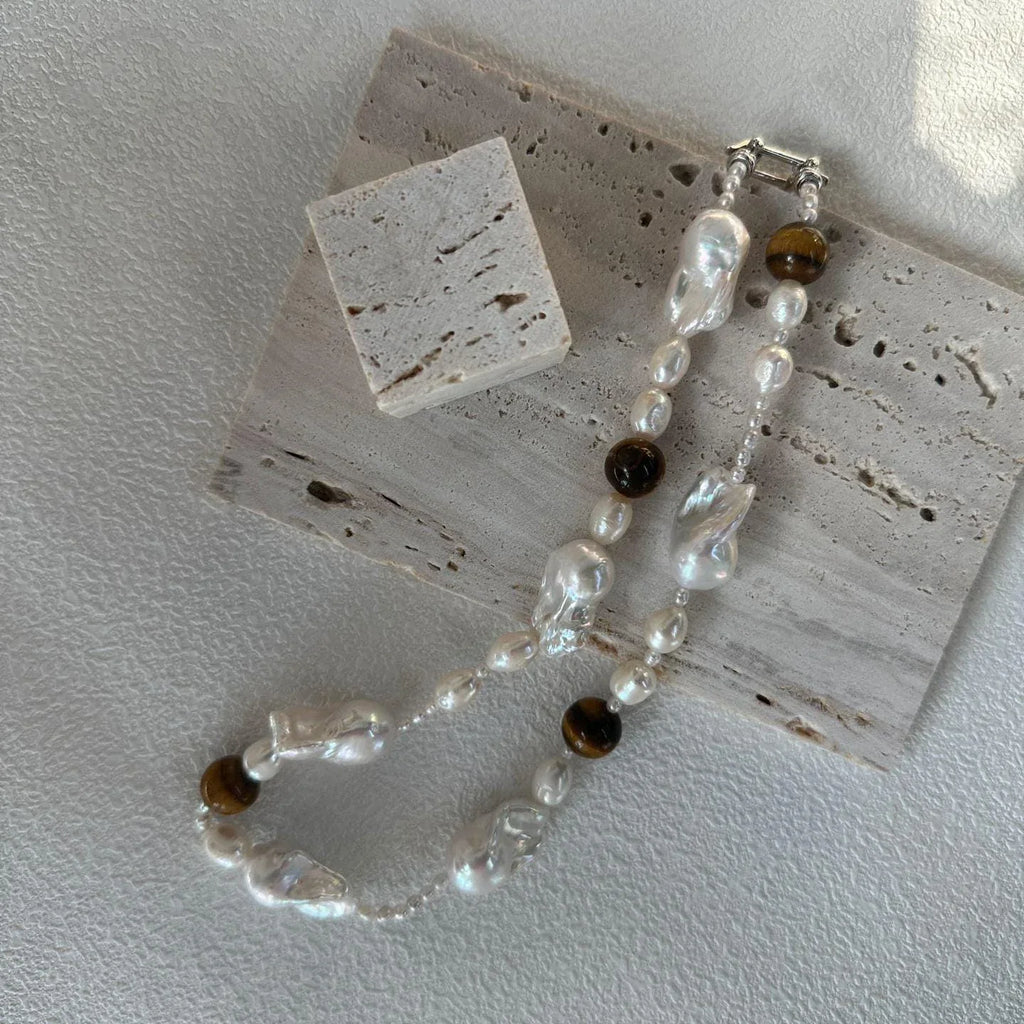 Genuine Amber and Large Baroque Pearl Necklace - 925 Sterling Silver - Irregular Beauty Pearl
