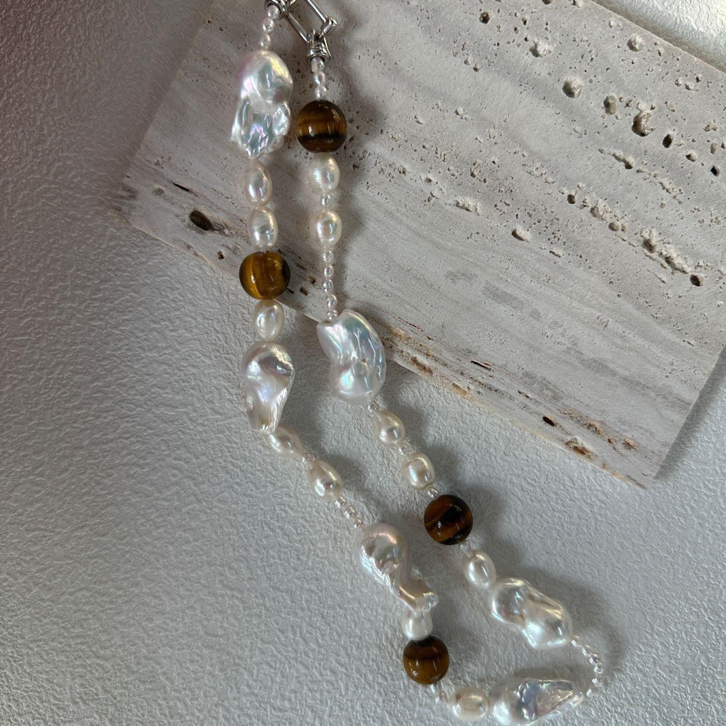 Genuine Amber and Large Baroque Pearl Necklace - 925 Sterling Silver - Irregular Beauty Pearl