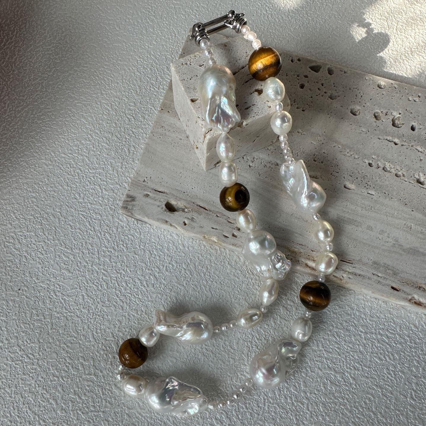 Genuine Amber and Large Baroque Pearl Necklace - 925 Sterling Silver - Irregular Beauty Pearl