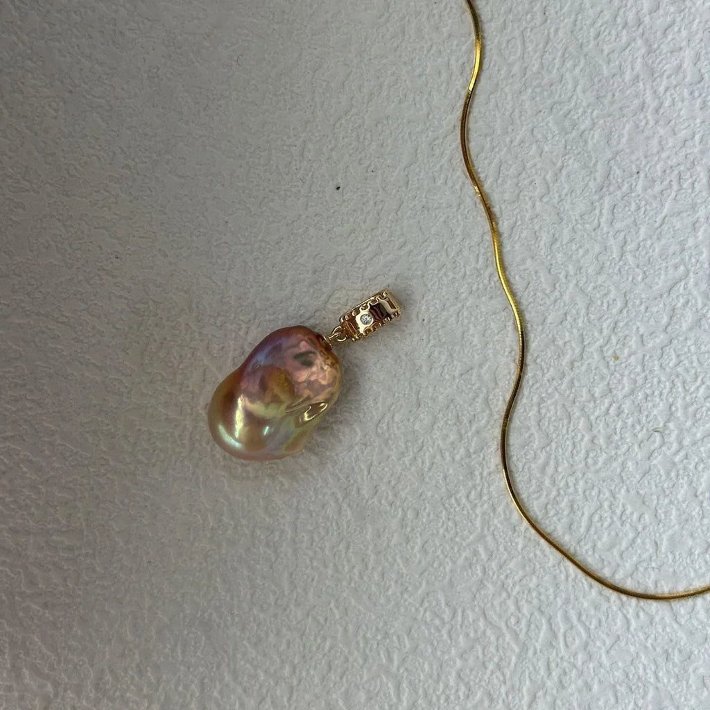 Large Baroque Pearl Necklace - Iridescent Fireball Pendant - Irregular Beauty Pearl