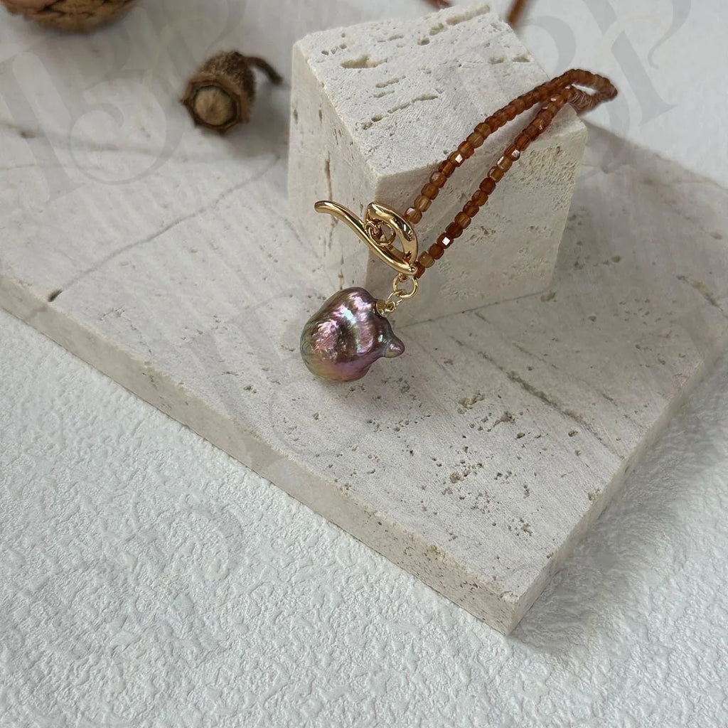 Baroque Fireball Pearl Necklace – Garnet Beads - Irregular Beauty Pearl