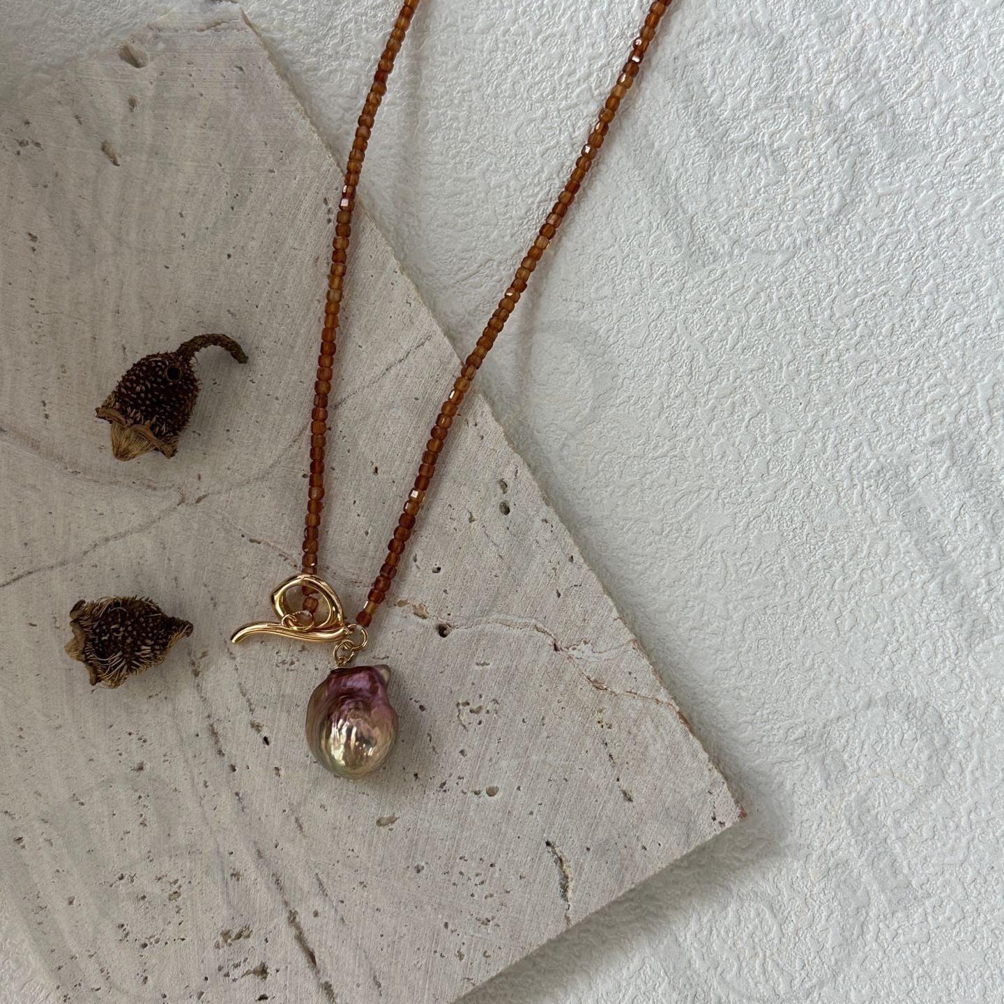 Baroque Fireball Pearl Necklace – Garnet Beads - Irregular Beauty Pearl