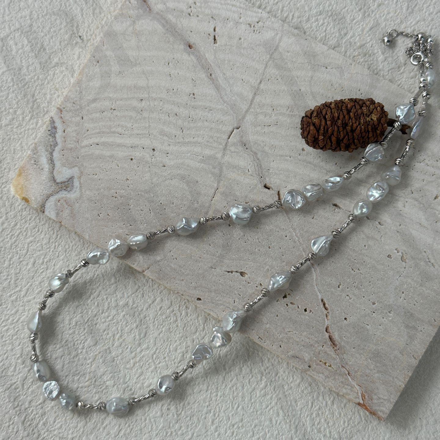 Sterling Silver Nugget and Baroque Pearl Necklace - Irregular Beauty Pearl