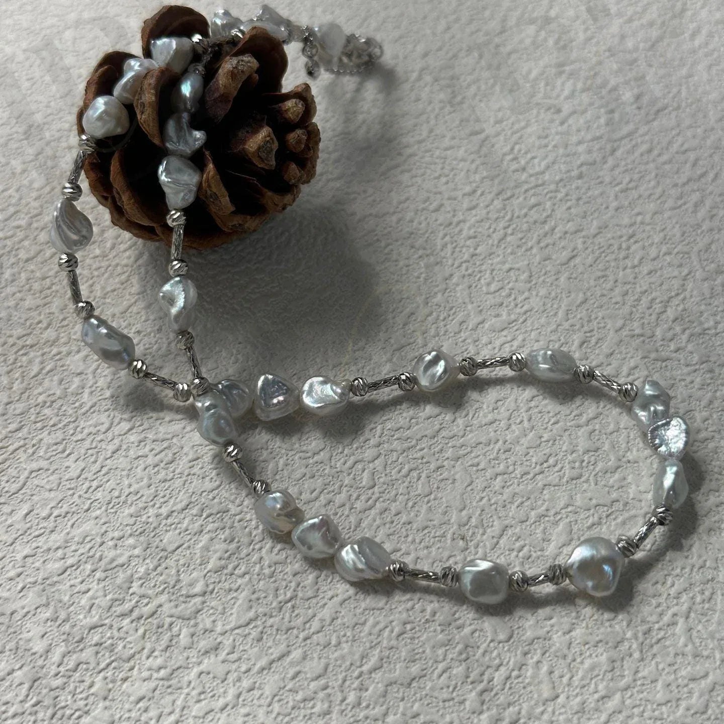 Sterling Silver Nugget and Baroque Pearl Necklace - Irregular Beauty Pearl