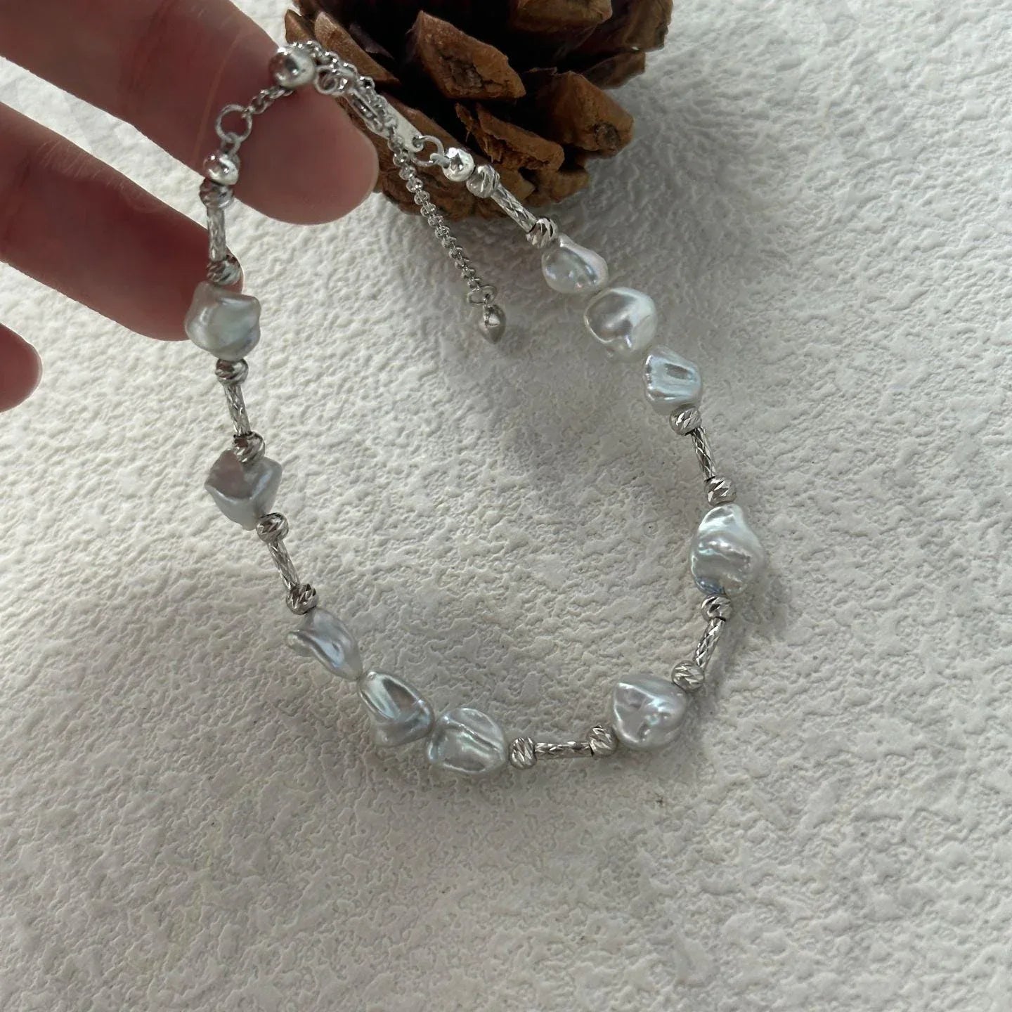 Sterling Silver Pearl Bracelet – Geometric Bead & Freshwater Pearl Jewelry - Irregular Beauty Pearl