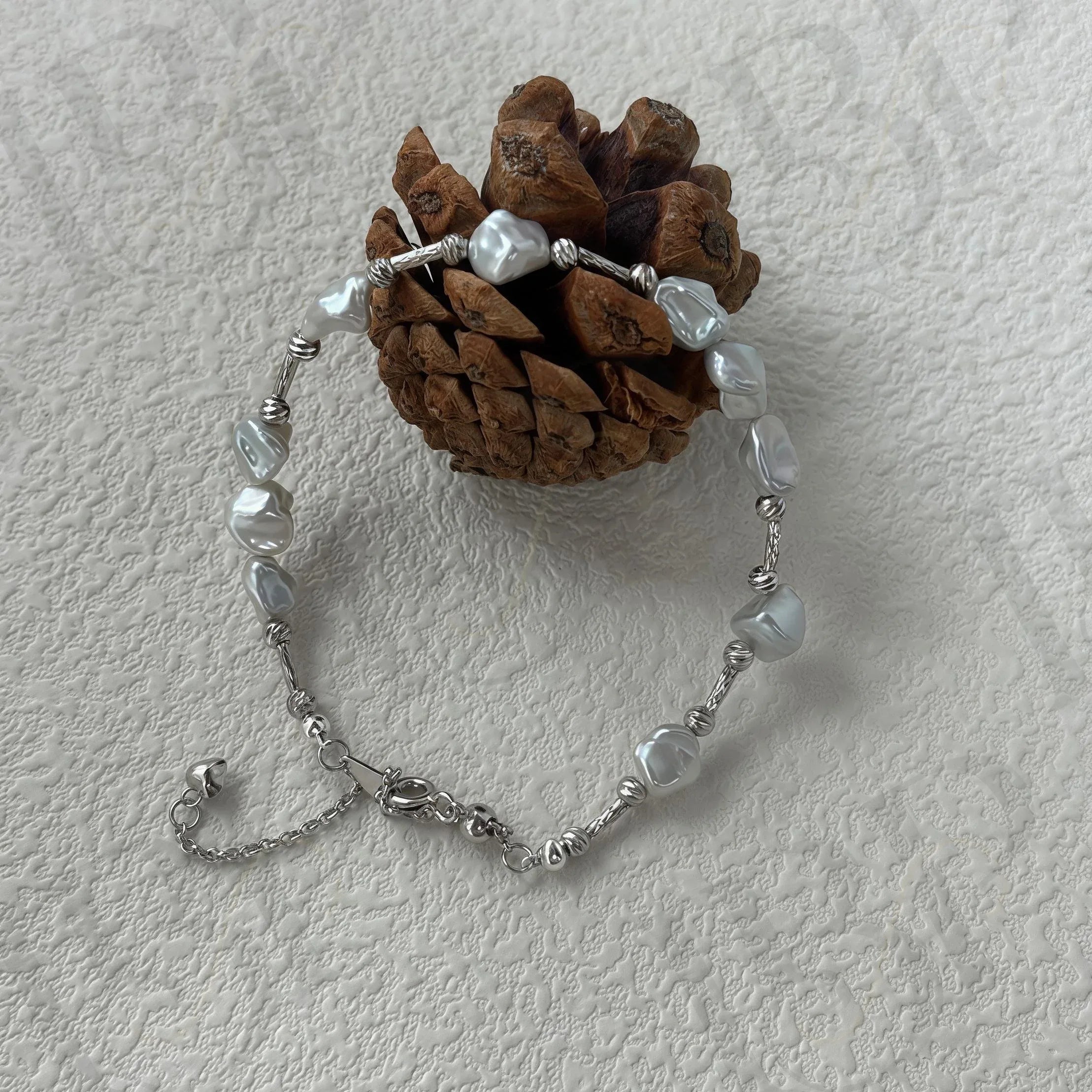 Sterling Silver Pearl Bracelet – Geometric Bead & Freshwater Pearl Jewelry - Irregular Beauty Pearl