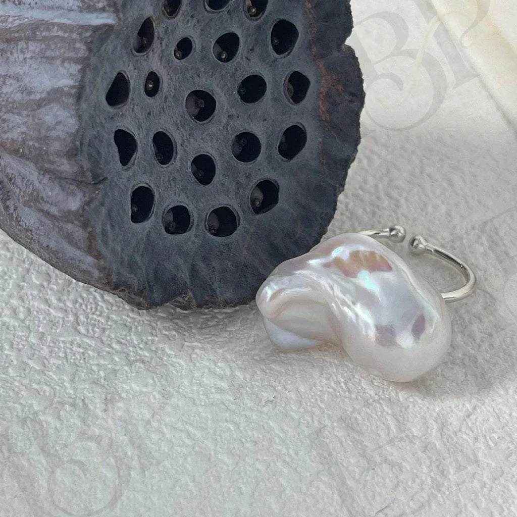 Large Baroque Pearl Ring - Sterling Silver Adjustable Statement Jewelry - Irregular Beauty Pearl