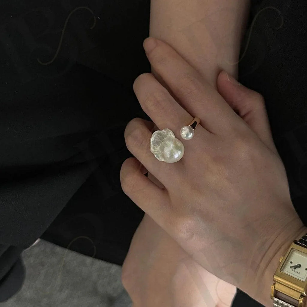 Baroque Pearl Open Ring - 18k Gold Vermeil Toi et Moi Design - Irregular Beauty Pearl