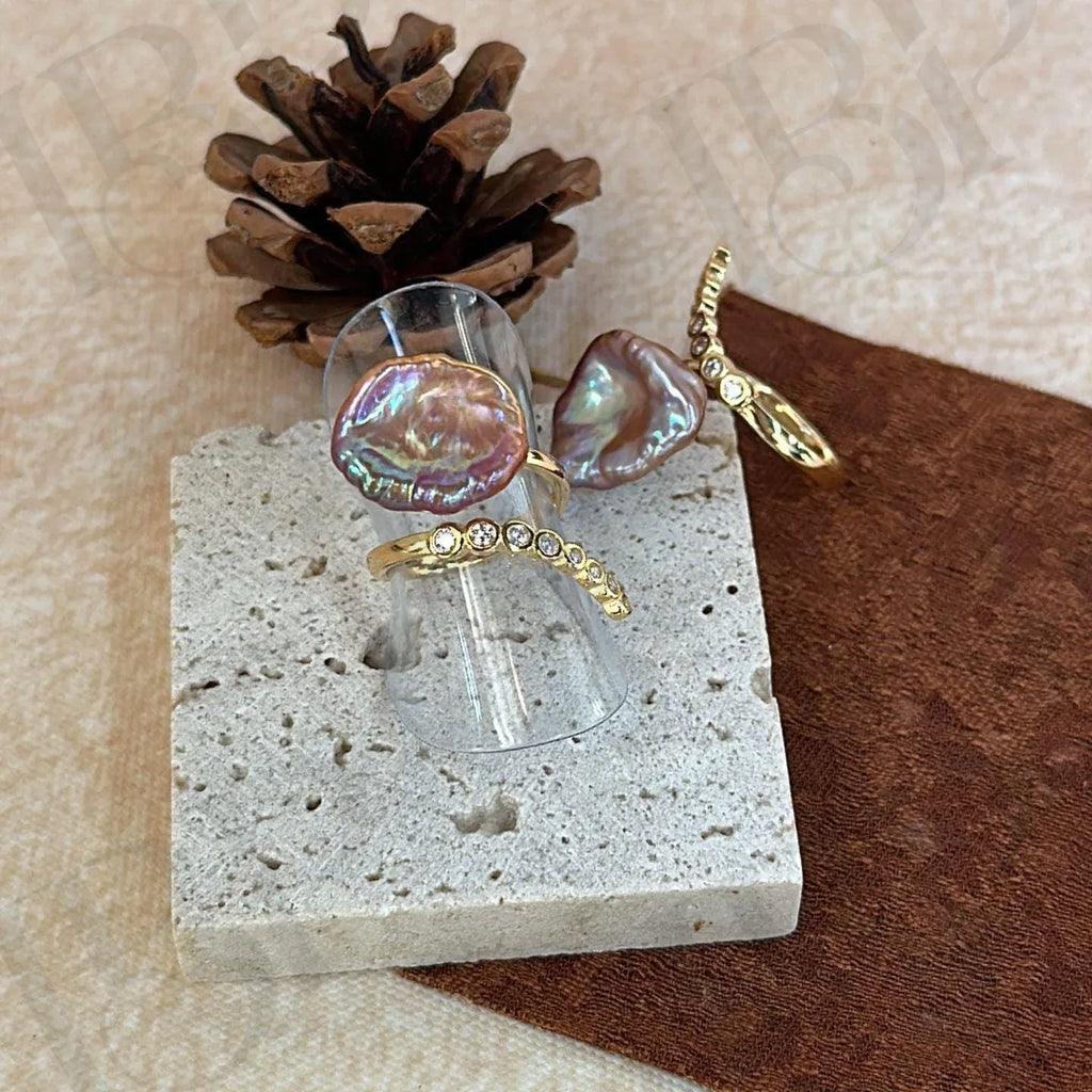 Baroque Pearl Ring – Sterling Silver CZ Band - Irregular Beauty Pearl