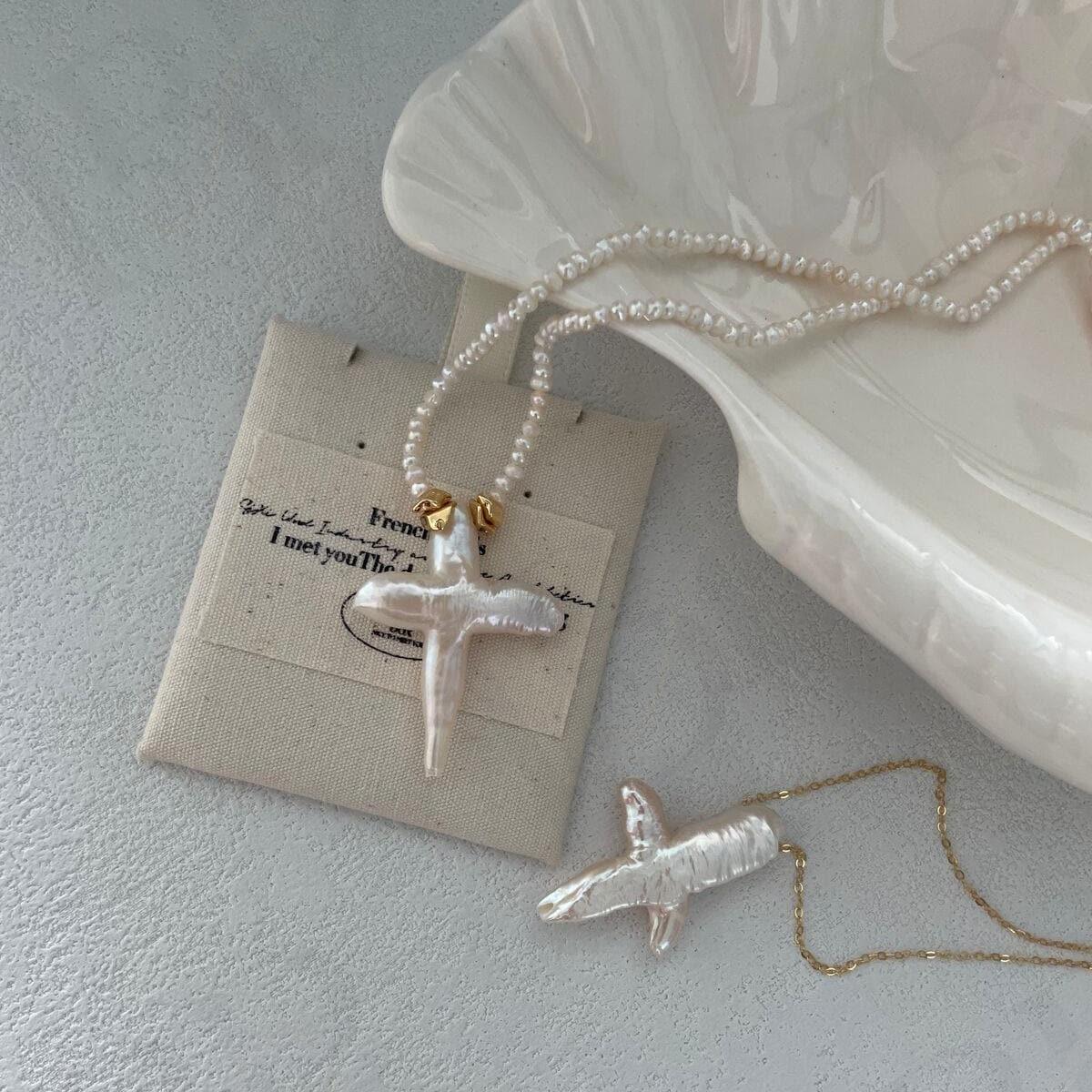Natural Baroque Pearl Cross Pendant Necklace - Handmade Freshwater Pearl Jewelry - Irregular Beauty Pearl