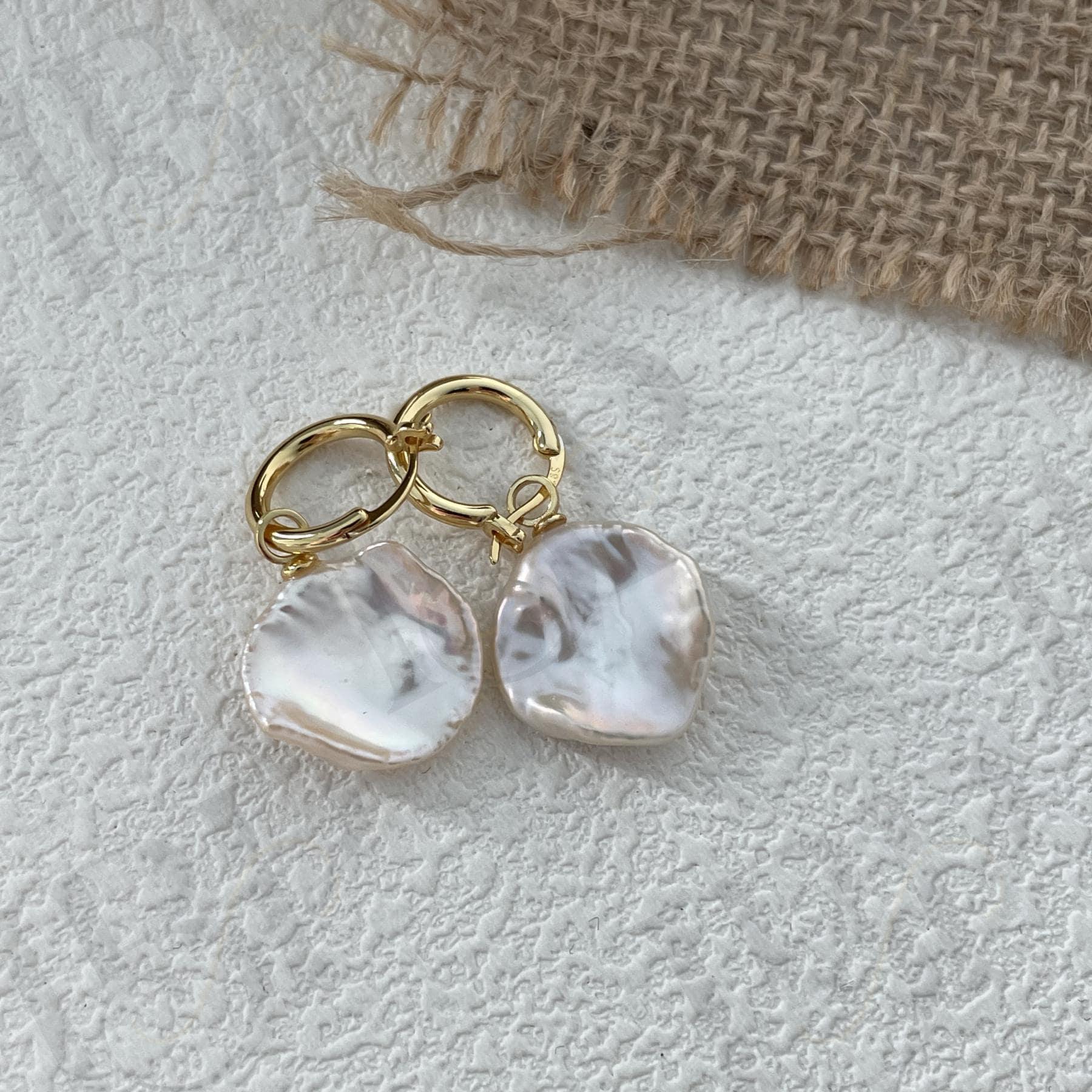 Baroque Pearl Hoop Earrings - 18k Gold Vermeil Sterling Silver Dangles - Irregular Beauty Pearl