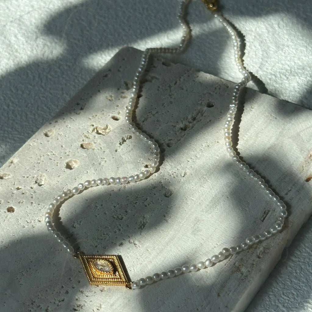 Gold Vermeil Evil Eye Necklace – Marquise Zirconia & Seed Pearl - Irregular Beauty Pearl