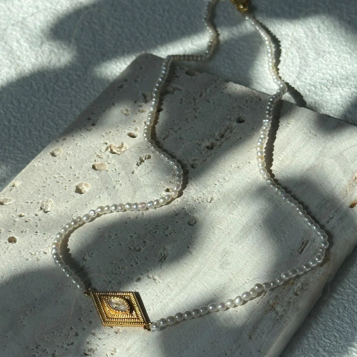 Gold Vermeil Evil Eye Necklace – Marquise Zirconia & Seed Pearl - Irregular Beauty Pearl