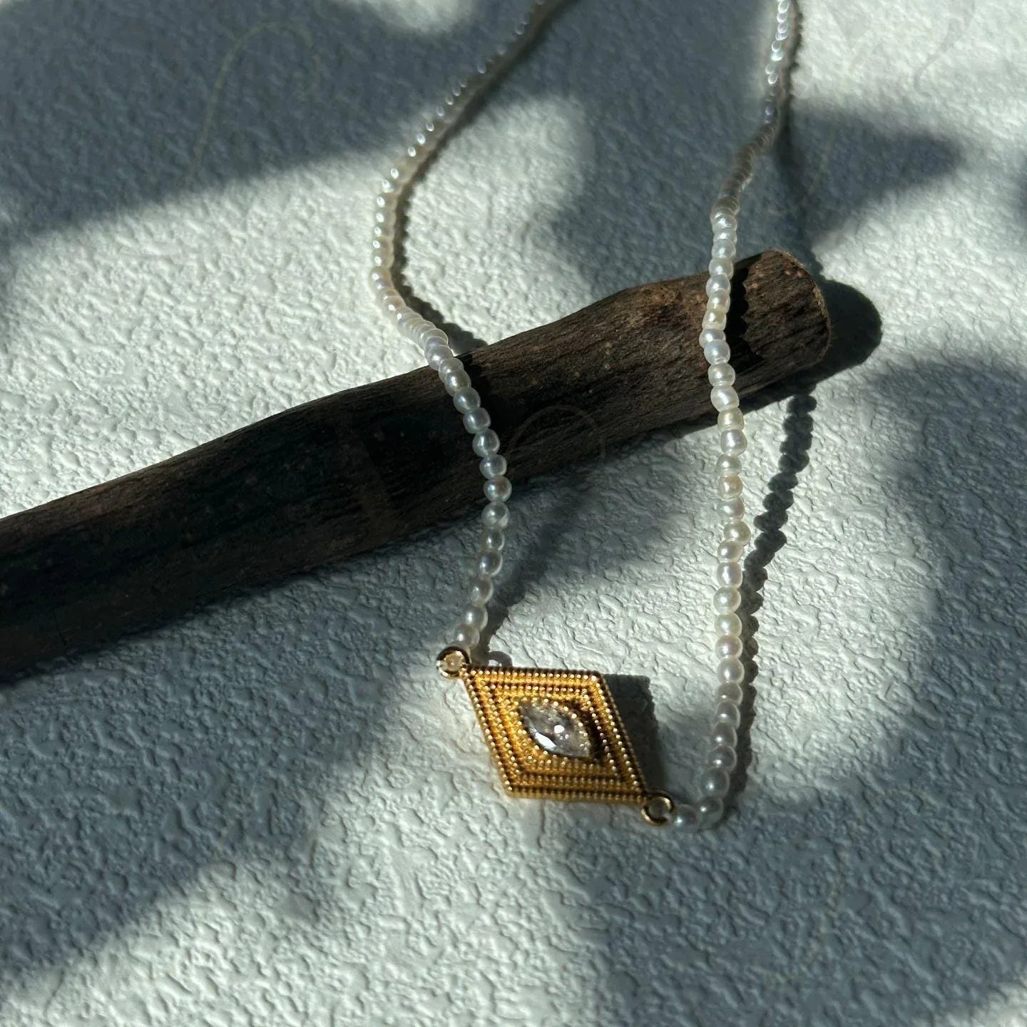 Gold Vermeil Evil Eye Necklace – Marquise Zirconia & Seed Pearl - Irregular Beauty Pearl