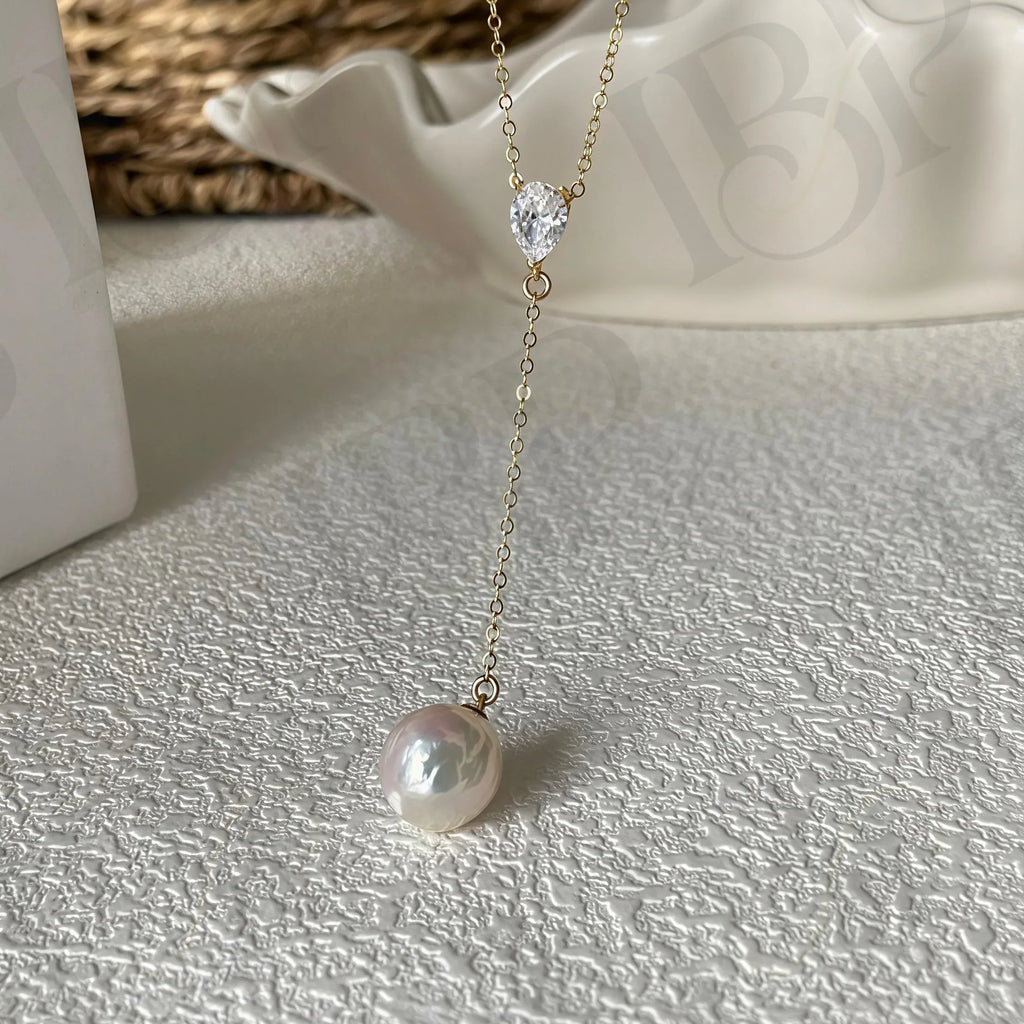 Baroque Pearl Y-Necklace - 14k Gold Filled Lariat with CZ - Irregular Beauty Pearl