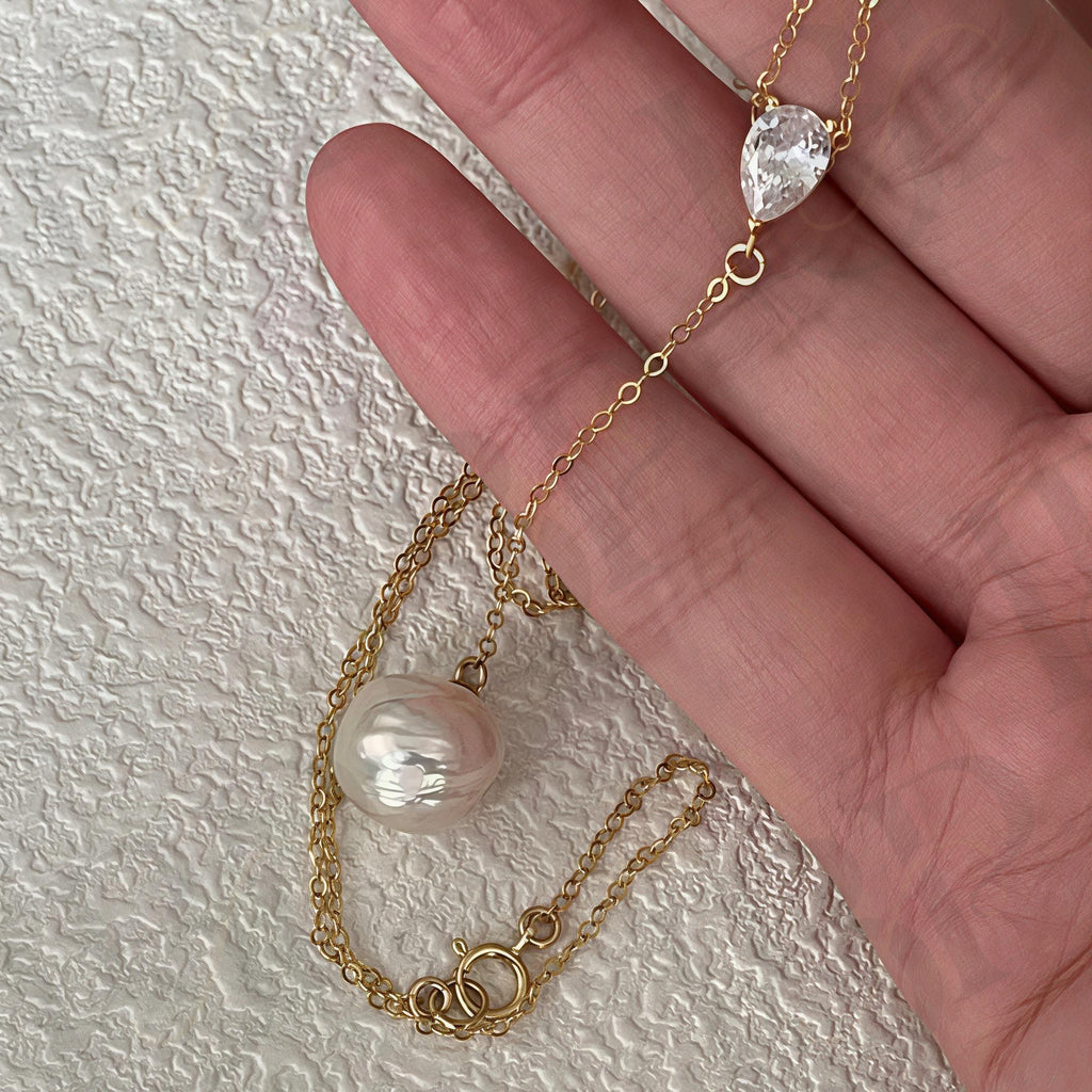 Baroque Pearl Y-Necklace - 14k Gold Filled Lariat with CZ - Irregular Beauty Pearl