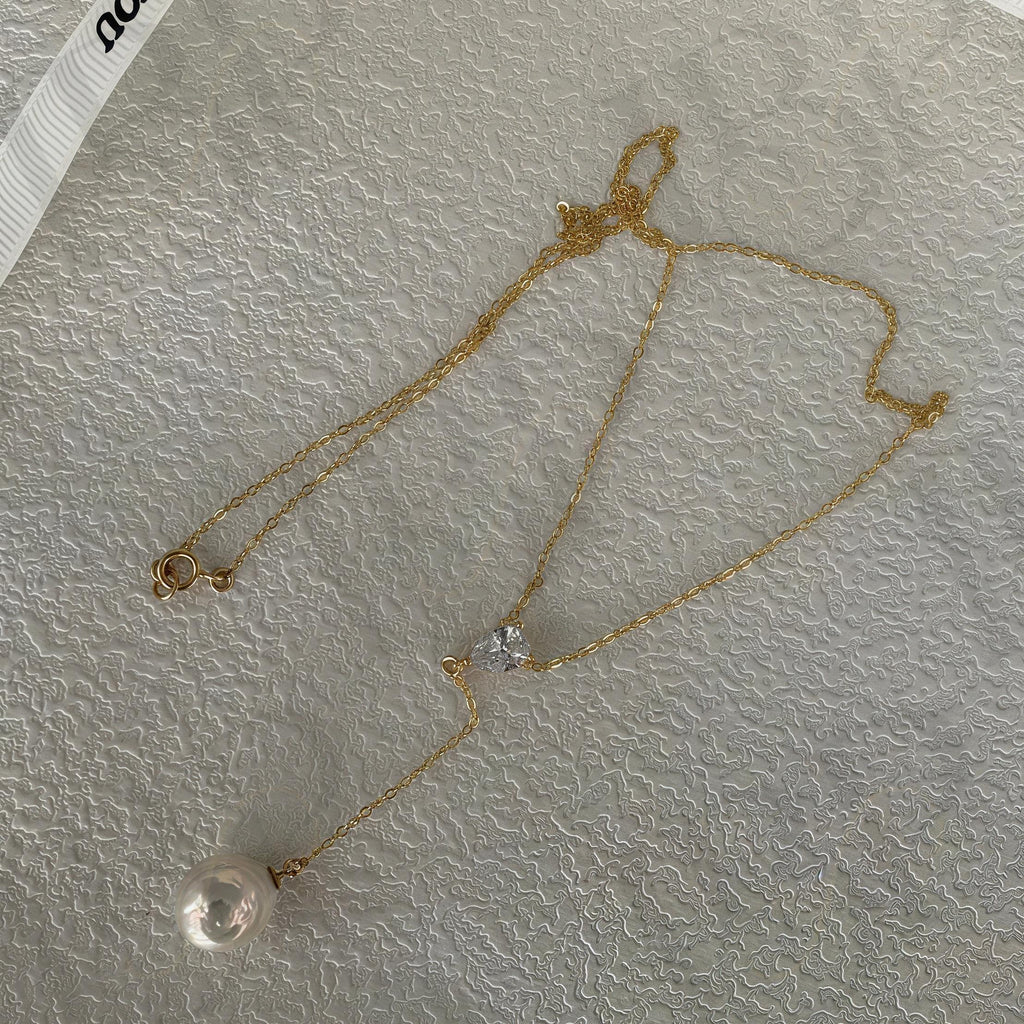 Baroque Pearl Y-Necklace - 14k Gold Filled Lariat with CZ - Irregular Beauty Pearl