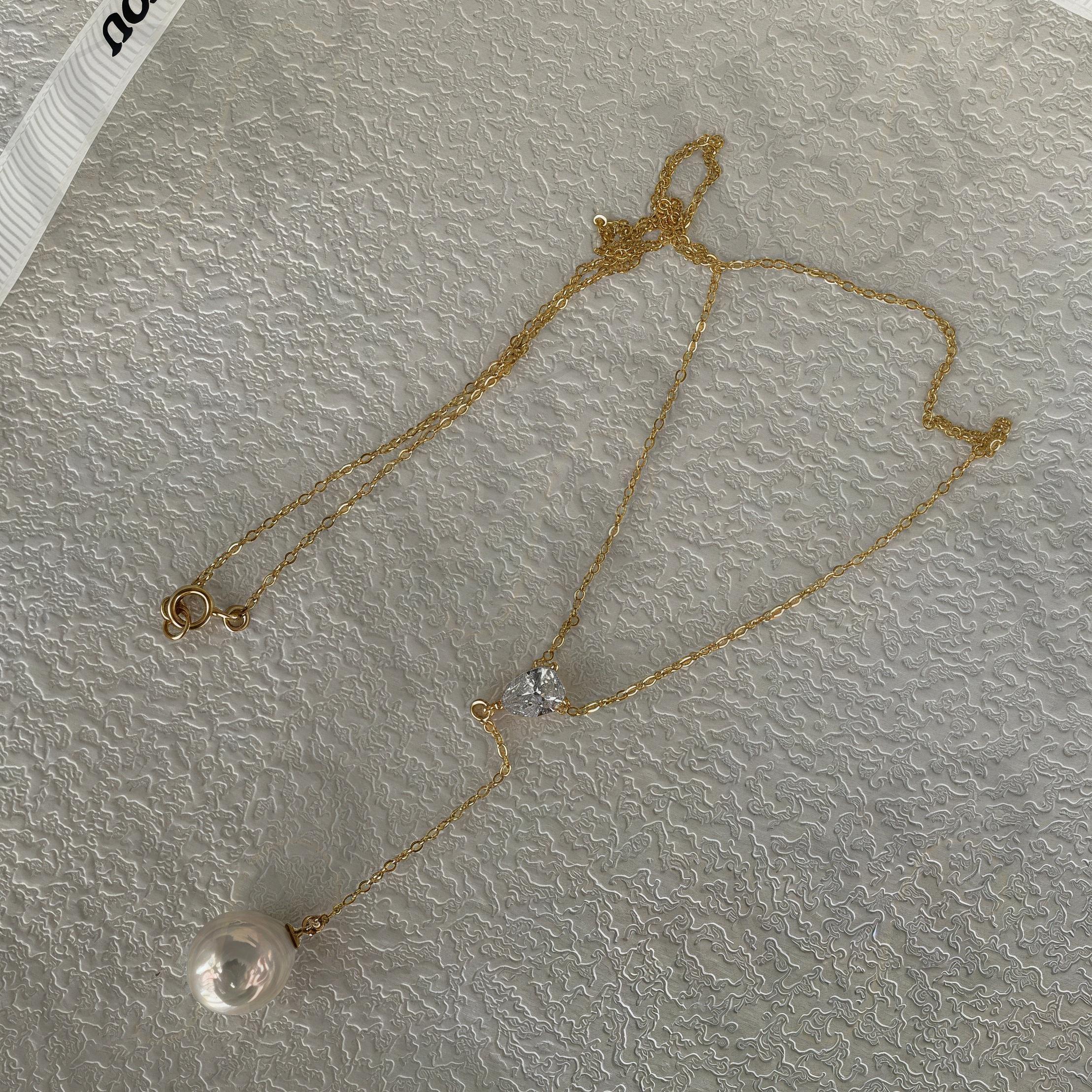 Baroque Pearl Y-Necklace - 14k Gold Filled Lariat with CZ - Irregular Beauty Pearl